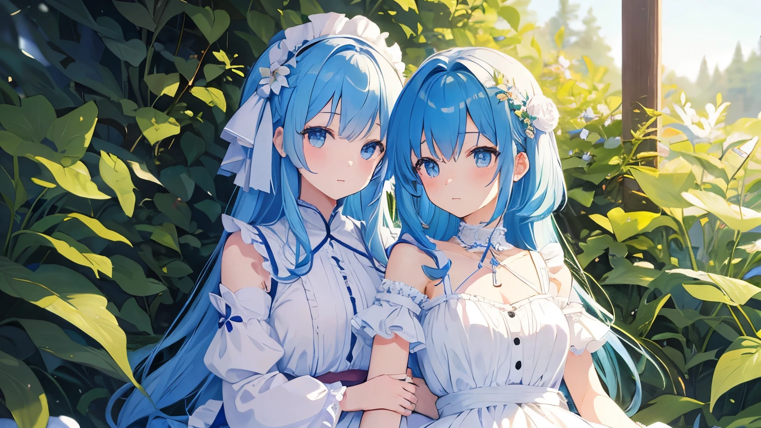 anime girl、high quality、Highest image quality、detailed face、detailed details、frilly clothes、white dress、dress、two girls are sitting back to back、blue hair、pretty girl、looking at the camera、plump chest、looking at the viewer、attractive girl、very detailed、artwork、abstract background、Light and shadow、two people are cuddling、beautiful girl、hair ornaments、in nature、Landscape painting、Upper body、gloss
