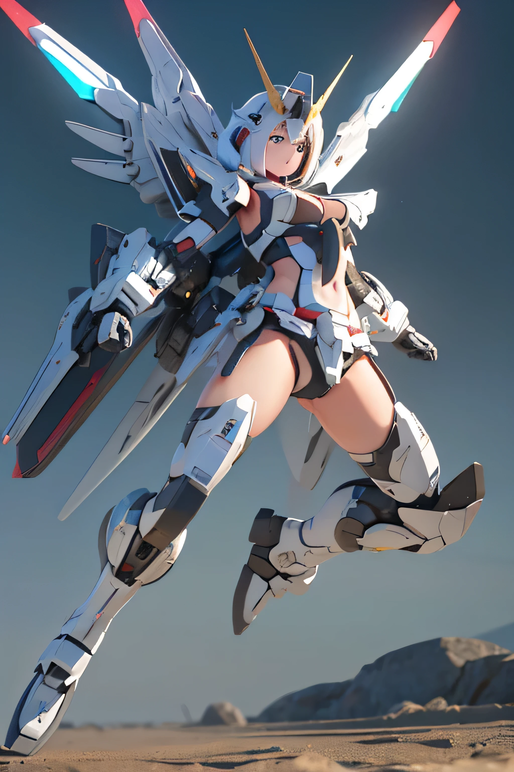 (highest quality)),
((masterpiece)),
(very detailed: 1.3),
Ultra HD16K,
NVIDIA RTX,
super resolution,
{(young japanese girl)},
((wears a futuristic gundam mecha)),
(gundam),
with headgear,
With V fins ,
((unarmored cleavage)),
((unarmored stomach)),
((unarmored upper arm)),
((face without armor)),
(unarmored hand),
(unarmored waist),
((thighs without armor)),
(unarmored ankles),
Japanese girl wears light blue and white striped panties under her armor,
battle pose,
cute,
(cute:1.2),
(bob cut:1.3),
Braid,
black hair,
thick eyebrows,
bright colored iris,
big, shining black eyes,
long eyelashes,
small, pale natural lips,
(Average Japanese idol face),
(日本人特有のbaby face:1.3),
(baby face),
wide forehead:1.2,
plump cheeks,
small chin,
spread your legs,
spread your legs,
Visible side boob,
(mechanical wing),
(has a huge weapon:1.2),
Has an oversized shield,
looking at the viewer,
eyes in the hangar,
3D, Asymmetric body,
Rule of thirds,
full body:1.5,
Perfect proportions with multi-layered texture,
octane rendering,
Duotone lighting,
Low ISO,
wide aperture,
White balance,
HDR (high dynamic range),
ray tracing,
scattered below the surface,
PBR texturing,
Post-processing,
anisotropic filtering,
written boundary depth,
maximum clarity and clarity,
High efficiency subpixel,
subpixel convolution,
particles of light,
scattered light,
Tyndall effect,Sleek and menacing design,