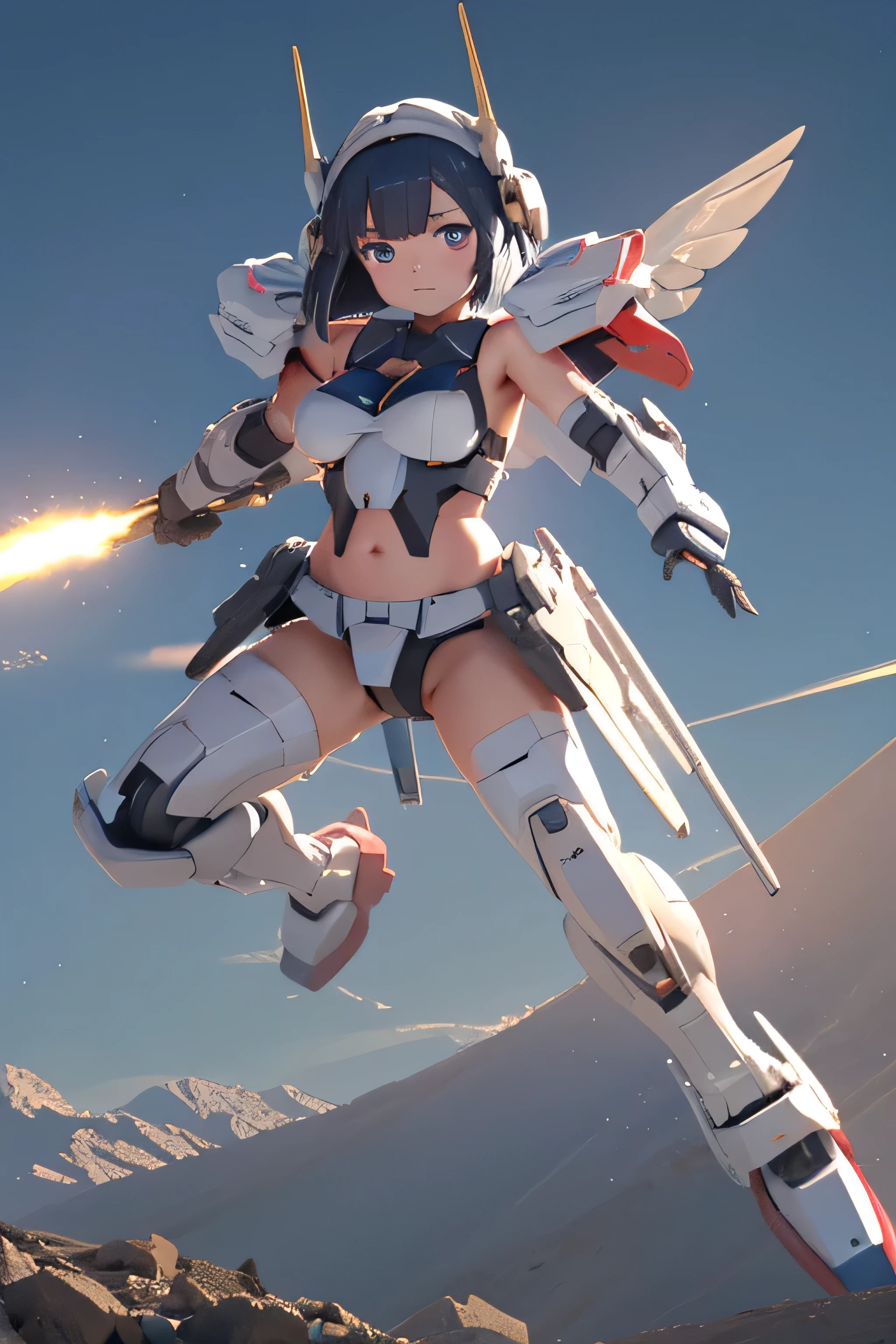 (highest quality)),
((masterpiece)),
(very detailed: 1.3),
Ultra HD16K,
NVIDIA RTX,
super resolution,
{(young japanese girl)},
((wears a futuristic gundam mecha)),
(gundam),
with headgear,
With V fins ,
((unarmored cleavage)),
((unarmored stomach)),
((unarmored upper arm)),
((face without armor)),
(unarmored hand),
(unarmored waist),
((thighs without armor)),
(unarmored ankles),
Japanese girl wears light blue and white striped panties under her armor,
battle pose,
cute,
(cute:1.2),
(bob cut:1.3),
Braid,
black hair,
thick eyebrows,
bright colored iris,
big, shining black eyes,
long eyelashes,
small, pale natural lips,
(Average Japanese idol face),
(日本人特有のbaby face:1.3),
(baby face),
wide forehead:1.2,
plump cheeks,
small chin,
spread your legs,
spread your legs,
Visible side boob,
(mechanical wing),
(has a huge weapon:1.2),
Has an oversized shield,
looking at the viewer,
eyes in the hangar,
3D, Asymmetric body, 
Rule of thirds,
full body:1.5,
Perfect proportions with multi-layered texture,
octane rendering,
Duotone lighting,
Low ISO,
wide aperture,
White balance,
HDR (high dynamic range),
ray tracing,
scattered below the surface,
PBR texturing,
Post-processing,
anisotropic filtering,
written boundary depth,
maximum clarity and clarity,
High efficiency subpixel,
subpixel convolution,
particles of light,
scattered light,
Tyndall effect,Sleek and menacing design,