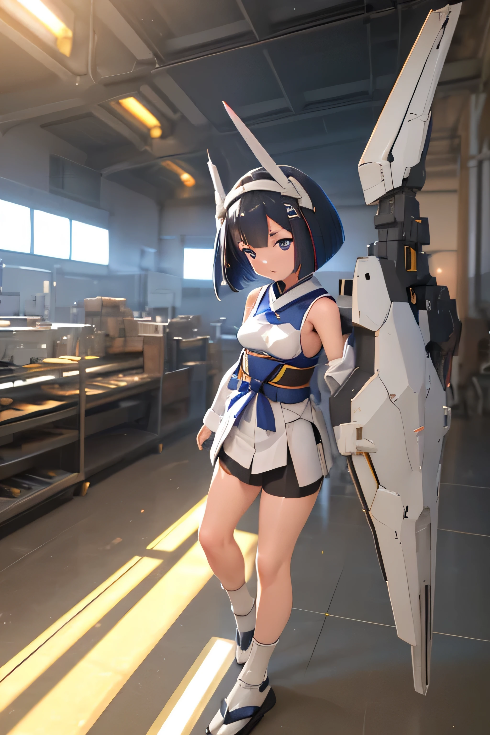 (highest quality)),
((masterpiece)),
(very detailed: 1.3),
Ultra HD16K,
NVIDIA RTX,
super resolution,
{(young japanese girl)},
((wears a futuristic gundam mecha)),
(gundam),
with headgear,
With V fins ,
((unarmored cleavage)),
((unarmored stomach)),
((unarmored upper arm)),
((face without armor)),
(unarmored hand),
(unarmored waist),
((thighs without armor)),
(unarmored ankles),
Japanese girl wears light blue and white striped panties under her armor,
battle pose,
cute,
(cute:1.2),
(bob cut:1.3),
Braid,
black hair,
thick eyebrows,
bright colored iris,
big, shining black eyes,
long eyelashes,
small, pale natural lips,
(Average Japanese idol face),
(日本人特有のbaby face:1.3),
(baby face),
wide forehead:1.2,
plump cheeks,
small chin,
spread your legs,
spread your legs,
Visible side boob,
(mechanical wing),
(has a huge weapon:1.2),
Has an oversized shield,
looking at the viewer,
eyes in the hangar,
3D, Asymmetric body, 
Rule of thirds,
full body:1.5,
Perfect proportions with multi-layered texture,
octane rendering,
Duotone lighting,
Low ISO,
wide aperture,
White balance,
HDR (high dynamic range),
ray tracing,
scattered below the surface,
PBR texturing,
Post-processing,
anisotropic filtering,
written boundary depth,
maximum clarity and clarity,
High efficiency subpixel,
subpixel convolution,
particles of light,
scattered light,
Tyndall effect,Sleek and menacing design,