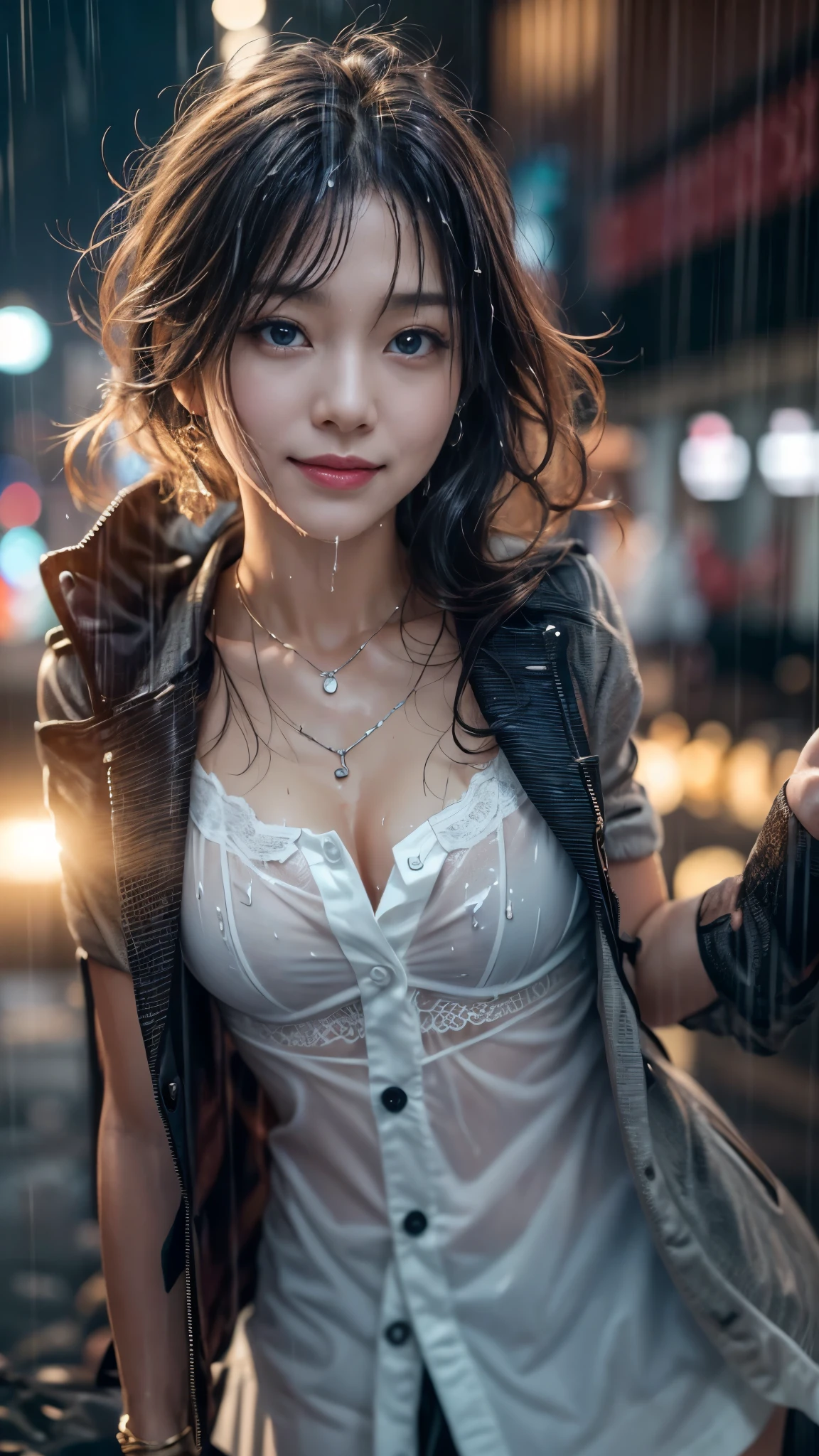 (RAW shooting, Photoreal:1.5, 8K, highest quality, masterpiece, ultra high resolution), perfect dynamic composition:1.2, Night street corner of a modern city, look up at the sky:1.3, (((Typhoon heavy rain))), Highly detailed skin and facial textures:1.2, Slim office lady wet in the rain:1.3, sexy beauty:1.1, perfect style:1.2, beautiful and aesthetic:1.1, Fair skin, very beautiful face, water droplets on the skin, (rain drips all over my body:1.2, wet body, wet hair:1.4, wet office skirt:1.2, wet office lady uniform:1.3), belt, (Medium chest, Bra is transparent, Chest gap), (look of resignation, embarrassing smile, The expression on your face when you feel intense caress, Facial expression when feeling pleasure), (beautiful blue eyes, Eyes that feel beautiful eros:0.8), (Too erotic:0.9, Bewitching:0.9), cowboy shot, Shoulder bag, necklace, earrings, bracelet, clock