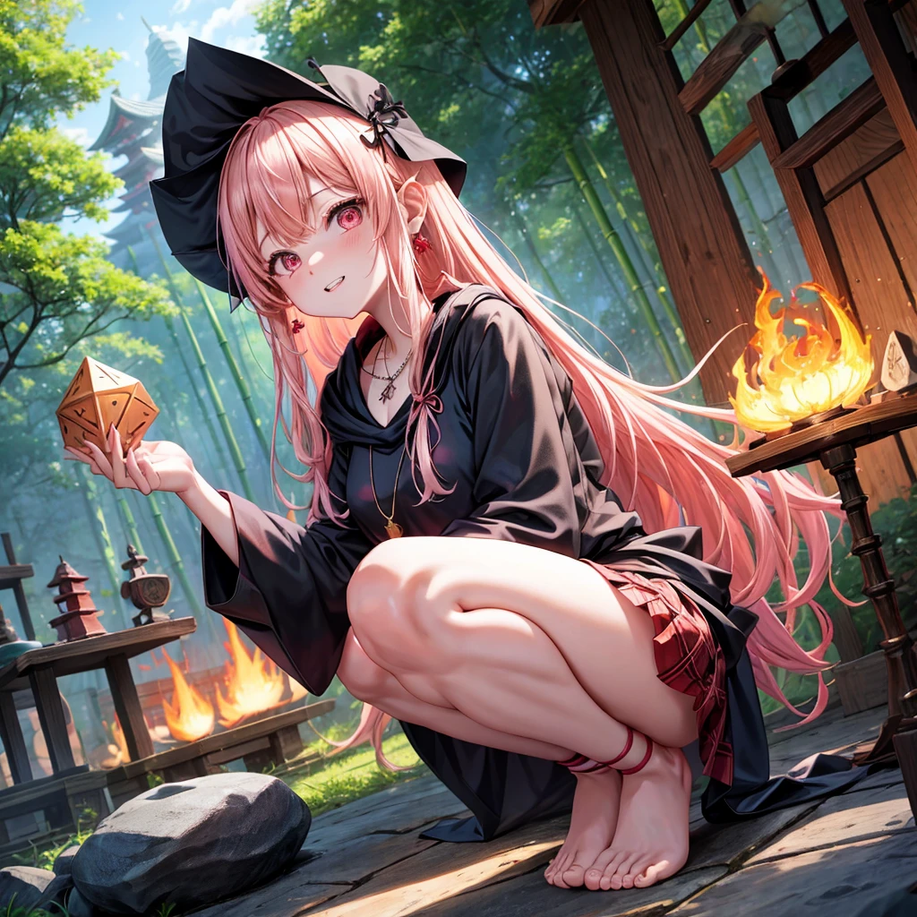 pink blonde、red eyes、one good looking girl、solo、anime、plaid mini skirt、black camisole、black t-shirt、dress、wearing a ribbon、ribbon at waist、cloak、hood、stone slabs are piled up、crystal earrings、jewelry necklace、Light and shadow、walking、clock、universe、vine plant、petal、tilting one's face、teeth are visible、fire spirit、book of magic、Cube、bamboo forest、lava、Plum blossom、squatting down