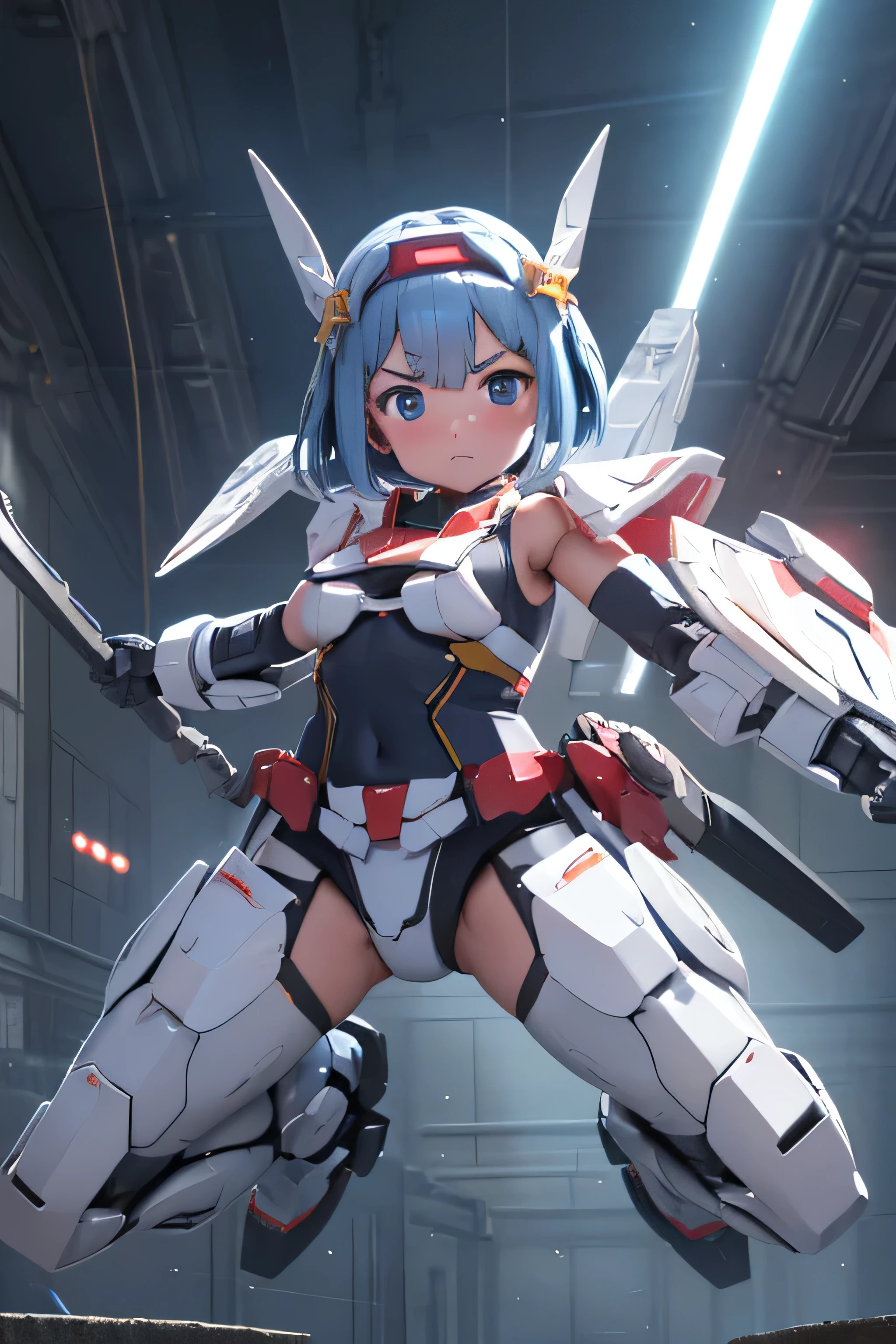 (highest quality)),
((masterpiece)),
(very detailed: 1.3),
Ultra HD16K,
NVIDIA RTX,
super resolution,
{(young japanese girl)},
((wears a futuristic gundam mecha)),
(gundam),
With V fins ,
((unarmored cleavage)),
((unarmored stomach)),
((unarmored upper arm)),
((face without armor)),
(unarmored hand),
(unarmored waist),
((thighs without armor)),
(unarmored ankles),
Japanese girl wears light blue and white striped panties under her armor,
battle pose,
cute,
(cute:1.2),
(bob cut:1.3),
Braid,
black hair,
thick eyebrows,
bright colored iris,
big, shining black eyes,
long eyelashes,
small, pale natural lips,
(Average Japanese idol face),
(日本人特有のbaby face:1.3),
(),
wide forehead:1.2,
plump cheeks,
small chin,
spread your legs,
spread your legs,
Visible side boob,
(mechanical wing),
(has a huge weapon:1.2),
Has an oversized shield,
looking at the viewer,
eyes in the hangar,
3D, Asymmetric body, 
Rule of thirds,
full body:1.5,
Perfect proportions with multi-layered texture,
octane rendering,
Duotone lighting,
Low ISO,
wide aperture,
White balance,
HDR (high dynamic range),
ray tracing,
scattered below the surface,
PBR texturing,
Post-processing,
anisotropic filtering,
written boundary depth,
maximum clarity and clarity,
High efficiency subpixel,
subpixel convolution,
particles of light,
scattered light,
Tyndall effect,