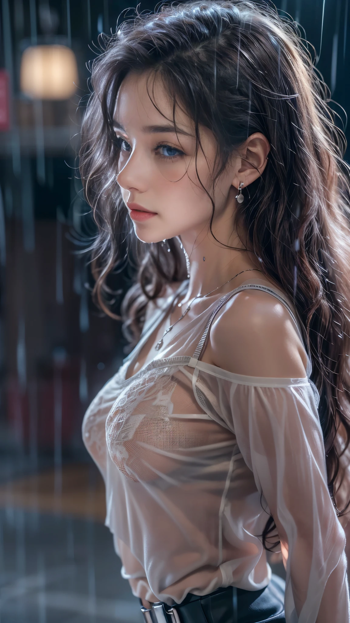 (RAW shooting, Photoreal:1.5, 8K, highest quality, masterpiece, ultra high resolution), perfect dynamic composition:1.2, street corner at night, look up at the sky:1.3, (((Typhoon heavy rain))), Highly detailed skin and facial textures:1.2, Slim office lady wet in the rain:1.3, sexy beauty:1.1, perfect style:1.2, beautiful and aesthetic:1.1, Fair skin, very beautiful face, water droplets on the skin, (rain drips all over my body:1.2, wet body, wet hair:1.4, wet office skirt:1.2, wet office lady uniform:1.3), belt, (Medium chest, Bra is transparent, Chest gap), (look of resignation, embarrassing smile, The expression on your face when you feel intense caress, Facial expression when feeling pleasure), (beautiful blue eyes, Eyes that feel beautiful eros:0.8), (Too erotic:0.9, Bewitching:0.9), cowboy shot, Shoulder bag, necklace, earrings, bracelet, clock