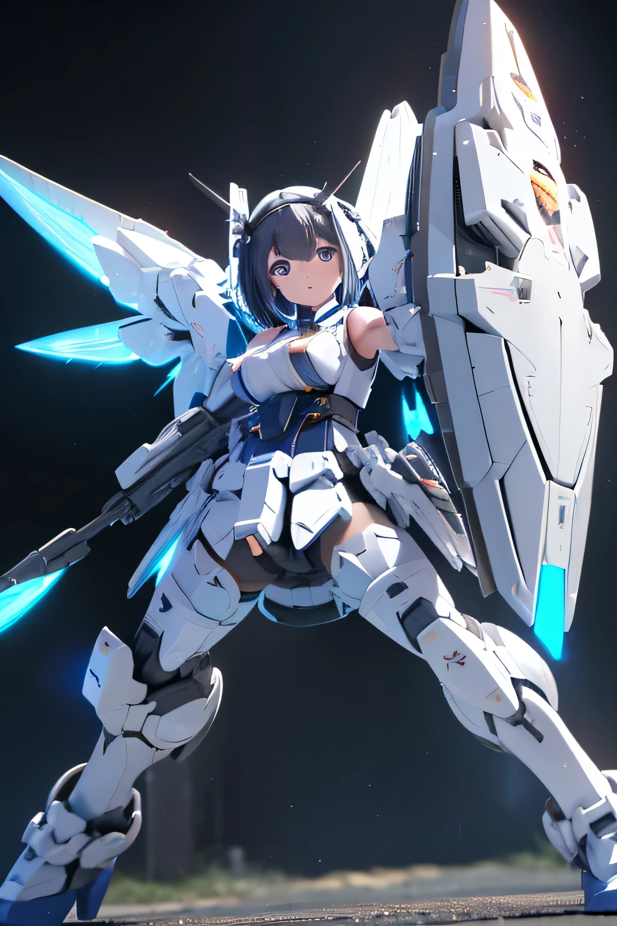 (highest quality)),
((masterpiece)),
(very detailed: 1.3),
Ultra HD16K,
NVIDIA RTX,
super resolution,
{(young japanese girl)},
((wears a futuristic gundam mecha)),
(gundam),
With V fins ,
((unarmored cleavage)),
((unarmored stomach)),
((unarmored upper arm)),
((face without armor)),
(unarmored hand),
(unarmored waist),
((thighs without armor)),
(unarmored ankles),
Japanese girl wears light blue and white striped panties under her armor,
battle pose,
cute,
(cute:1.2),
(bob cut:1.3),
Braid,
black hair,
thick eyebrows,
bright colored iris,
big, shining black eyes,
long eyelashes,
small, pale natural lips,
(Average Japanese idol face),
(日本人特有のbaby face:1.3),
(),
wide forehead:1.2,
plump cheeks,
small chin,
spread your legs,
spread your legs,
Visible side boob,
(mechanical wing),
(has a huge weapon:1.2),
Has an oversized shield,
looking at the viewer,
eyes in the hangar,
3D, Asymmetric body, 
Rule of thirds,
full body:1.5,
Perfect proportions with multi-layered texture,
octane rendering,
Duotone lighting,
Low ISO,
wide aperture,
White balance,
HDR (high dynamic range),
ray tracing,
scattered below the surface,
PBR texturing,
Post-processing,
anisotropic filtering,
written boundary depth,
maximum clarity and clarity,
High efficiency subpixel,
subpixel convolution,
particles of light,
scattered light,
Tyndall effect,