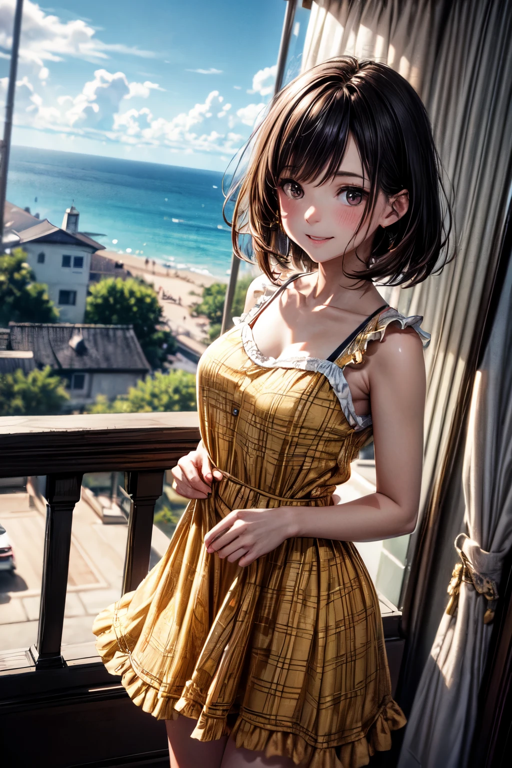very cute and beautiful girl standing near window,(yellow plaid summer dress with detailed frills),sleeveless,detailed lace,(skirt lift,white panties), (highly detailed beautiful face),antique hotel bedroom with outside view,distant trees and ocean, cowboy shot,(smile:1.2),blush,looking at viewer,medium hair,black hair, (best quality,masterpiece:1.2),absurdres,highres,ultra-detailed,extremely detailed,32k,8k resolution, intricate details,cinematic scene,detailed background,solo,dynamic angle, natural lighting,light particles,beautiful detailed sky,