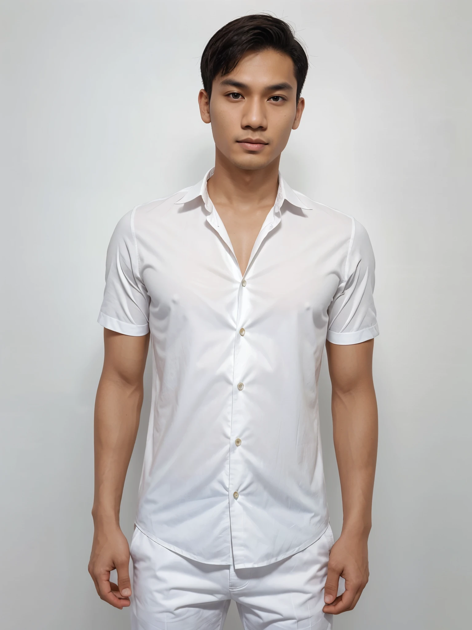 Photorealistic passport photo, a 25 year old Indonesianya man with a fit body, fit face, wearing a black suit, white shirt, red tie, medium hair. behind man are blank. The background color is plain bright red, blank background, empty background, without passport book, very realistic, front view. Ultra HD.