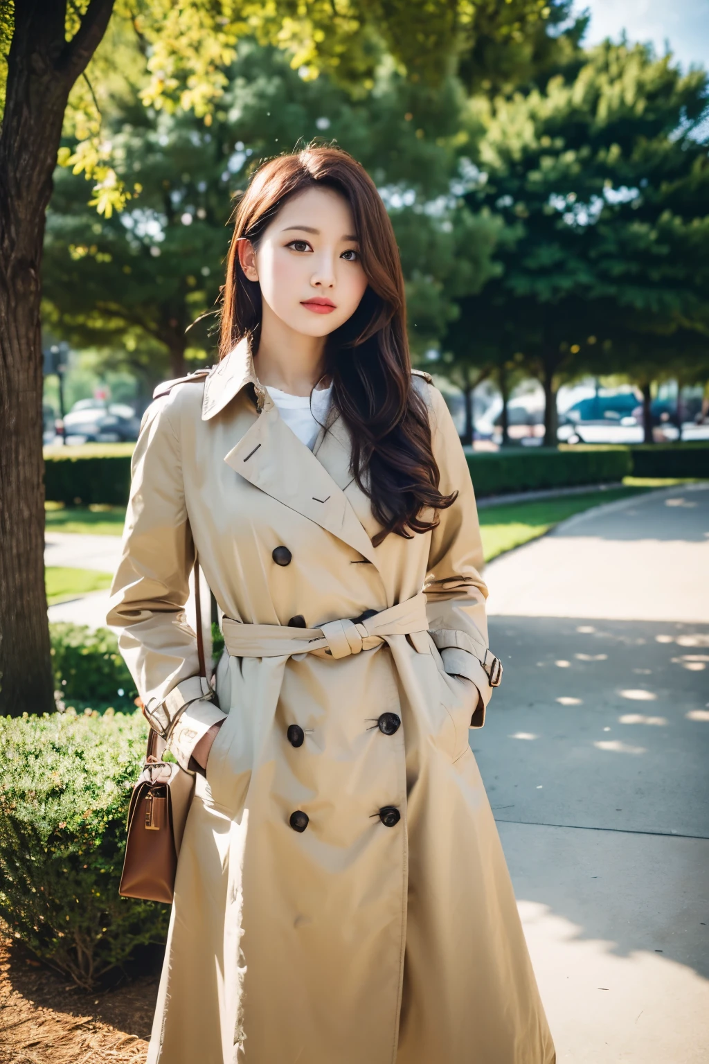 Raw photo, Top quality, 35mm lens, f/1, one beautiful woman, Sophisticated, wearing trench coat, at the park