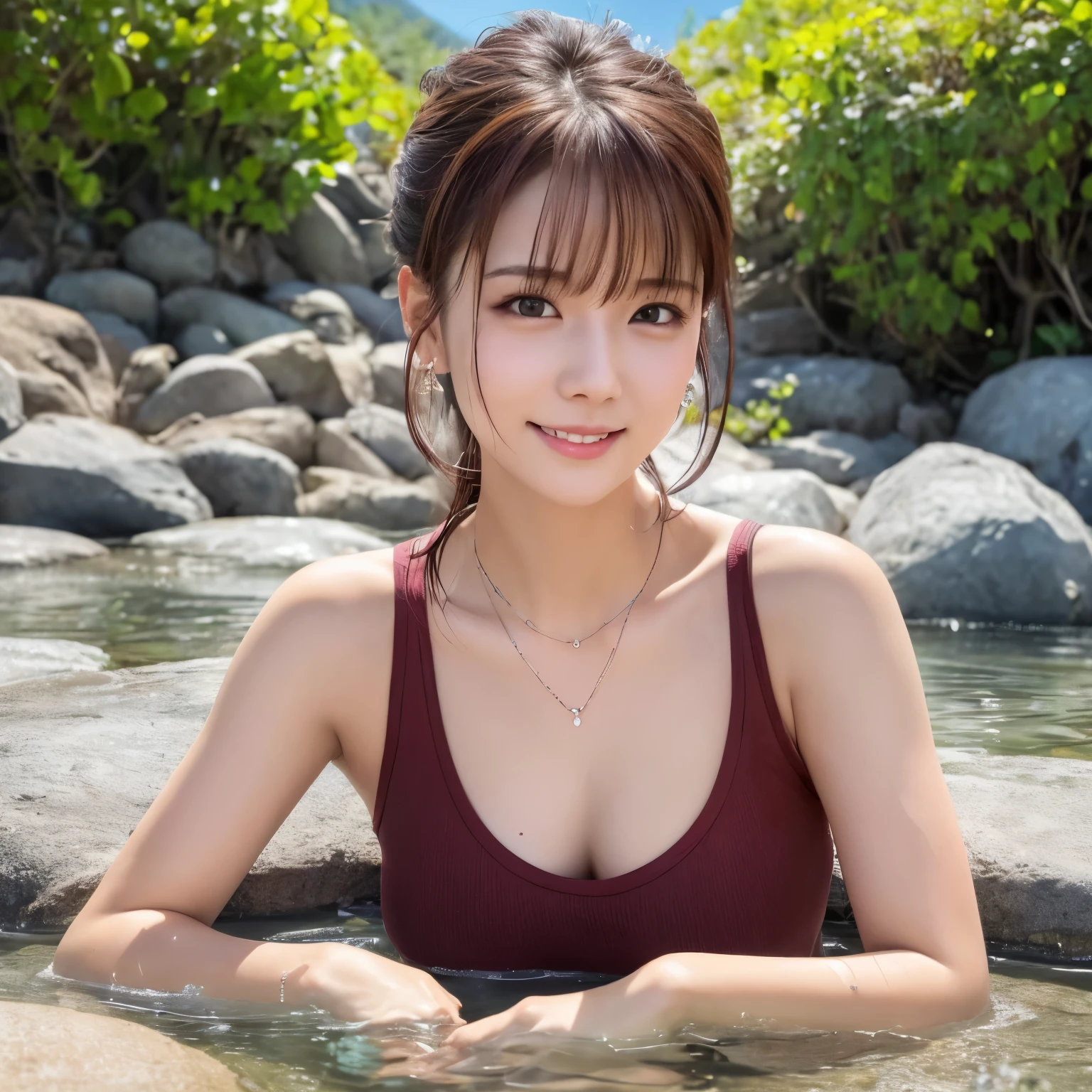 Tank top,A hot spring resort in the mountains of Japan,beautiful mountain in background々,open-air bath、(視界を遮る熱湯煙 rock bathから立ち上る水蒸気:1.3),(rock bath:1.3),(open-air bathで肩を深く浸かる:1,3),Tank top,cheeks turn red、smile shyly、(beautiful girl)、(reddish brown short hair、hairpin、ponytail、floating hair、)Huge 、blushing with embarrassment、dreamy eyes、A smile that confuses the viewer、Check out the photographer、skin shining with sweat、look at the viewer,necklace、earrings、pointed red mouth,perfect round face,proper body proportions,intricate details,very delicate and beautiful hair,realistic pictures,dream-like,professional lighting,realistic shadow,focus only,beautiful hands,beautiful fingers,Detailed functions of fingers,Detailed arm functions,Detailed clothing characteristics,Detailed characteristics of hair,detailed facial features,(Tank top,highest quality,Ultra high resolution output image,) ,(8K quality,),(Image mode Ultra HD,)