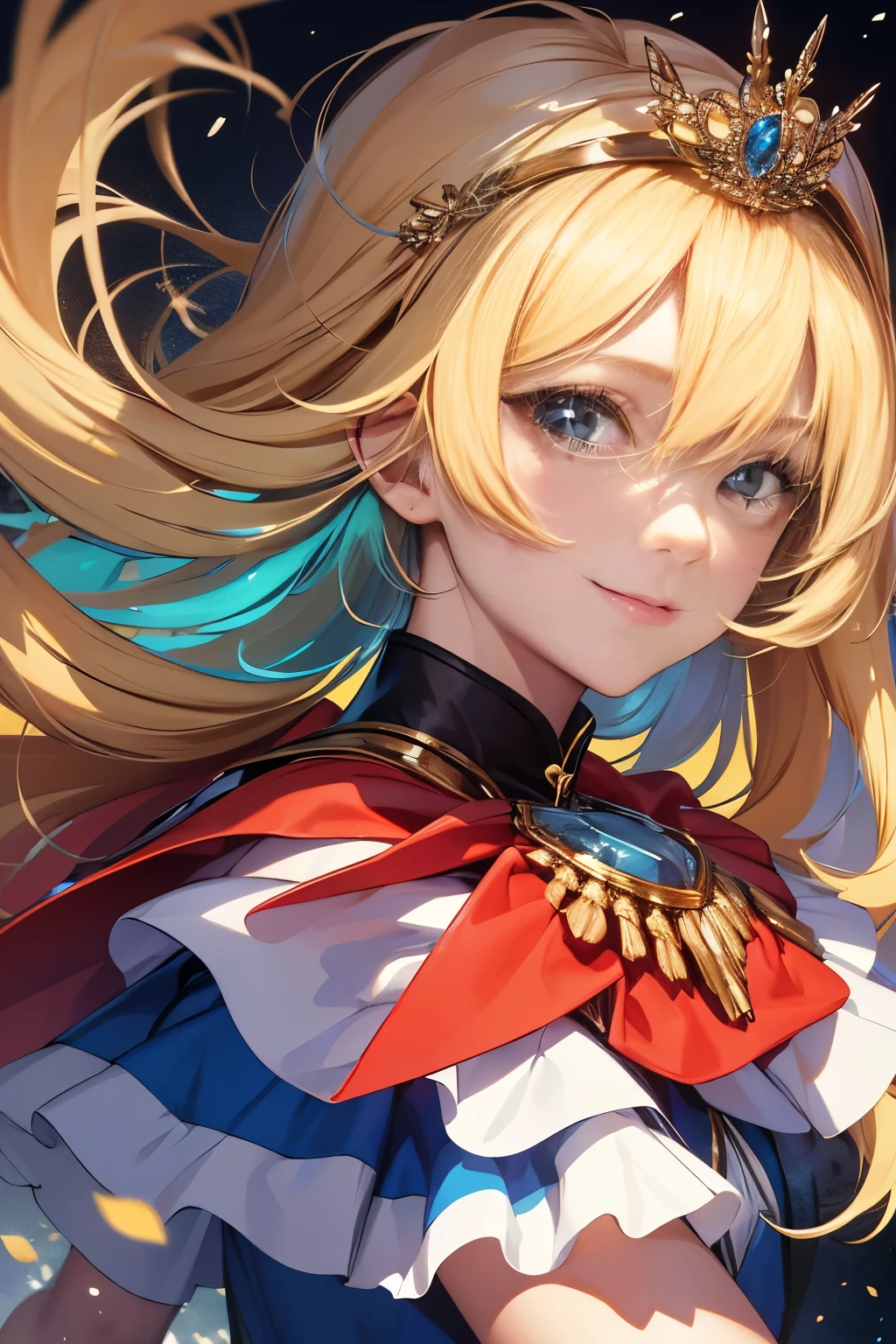 masterpiece、1 beautiful girl、fine eyes、smile,puffy eyes、highest quality, 超High resolution, (reality: 1.4), movie lighting、super beautiful、beautiful skin、body facing forward、Upper body,close up of face,(超reality的な)、(High resolution)、(8k)、(very detailed)、(美しくfine eyes)、(Super detailed)、 (wall-)、detailed face、bright lighting、professional lighting、looking at the viewer、look straight ahead、slanted bangs、perfect cosplay, highest quality,super detailed,1 girl,alone,magical princess,blonde hair,blue clothes,blue skirt,brown eyes,feather hair band,long hair,pauldron,boots,red scarf,tiara,white shoes, flower field background,prepare a bow