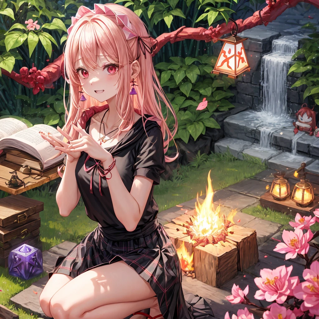pink blonde、red eyes、one good looking girl、solo、anime、plaid mini skirt、black camisole、black t-shirt、dress、wearing a ribbon、ribbon at waist、cloak、hood、stone slabs are piled up、crystal earrings、jewelry necklace、Light and shadow、walking、clock、universe、vine plant、petal、tilting one's face、teeth are visible、fire spirit、book of magic、Cube、bamboo forest、lava、Plum blossom、squatting down