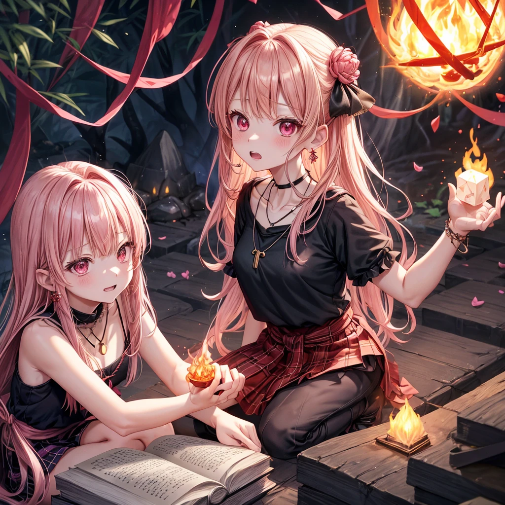 pink blonde、red eyes、one good looking girl、solo、anime、plaid mini skirt、black camisole、black t-shirt、dress、wearing a ribbon、ribbon at waist、cloak、hood、stone slabs are piled up、crystal earrings、jewelry necklace、Light and shadow、walking、clock、universe、vine plant、petal、tilting one's face、teeth are visible、fire spirit、book of magic、Cube、bamboo forest、lava、Plum blossom、squatting down