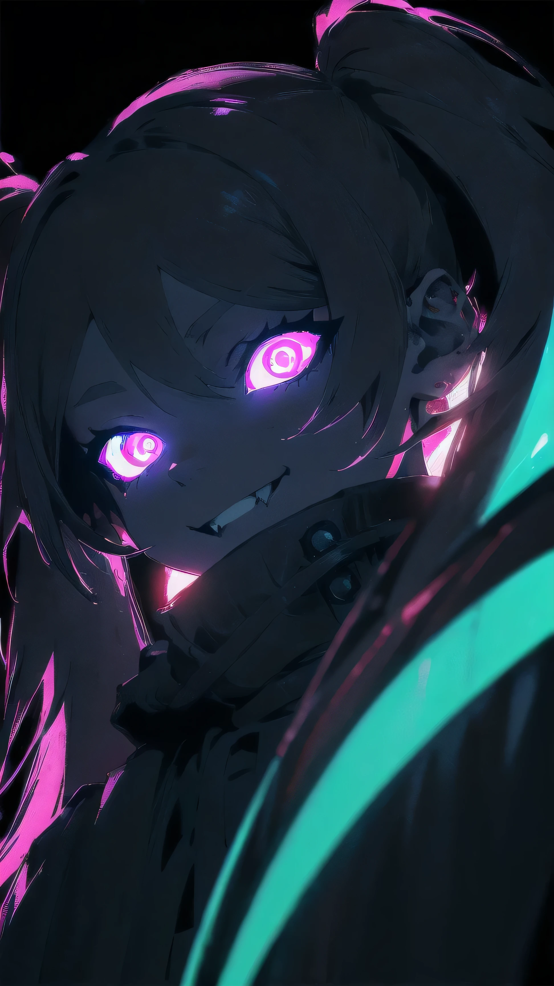 Frieren, very dark badass， white twin tails hair，jk style，evil wide smile, pov from below, frieren evil staredown, dark room background, glowing neon pupils eyes, smoke neon teeth