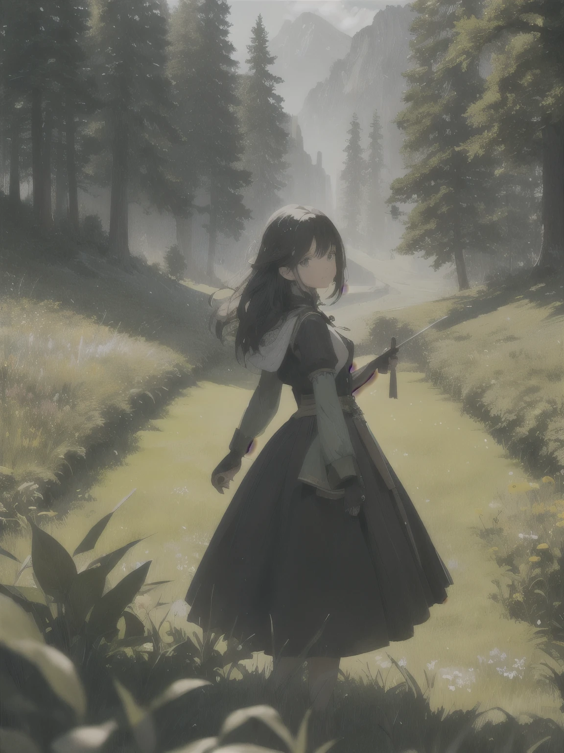 In a green meadow stands a girl leading a group of knights.
BREAK
With a brave expression, she guides them towards their destination.
BREAK
Behind her, a green forest stretches out and beyond that, mountains rise in the distance.
BREAK
The most suitable effect for this scene would be a watercolor painting technique to capture the softness of the meadow and the fluidity of the movement.