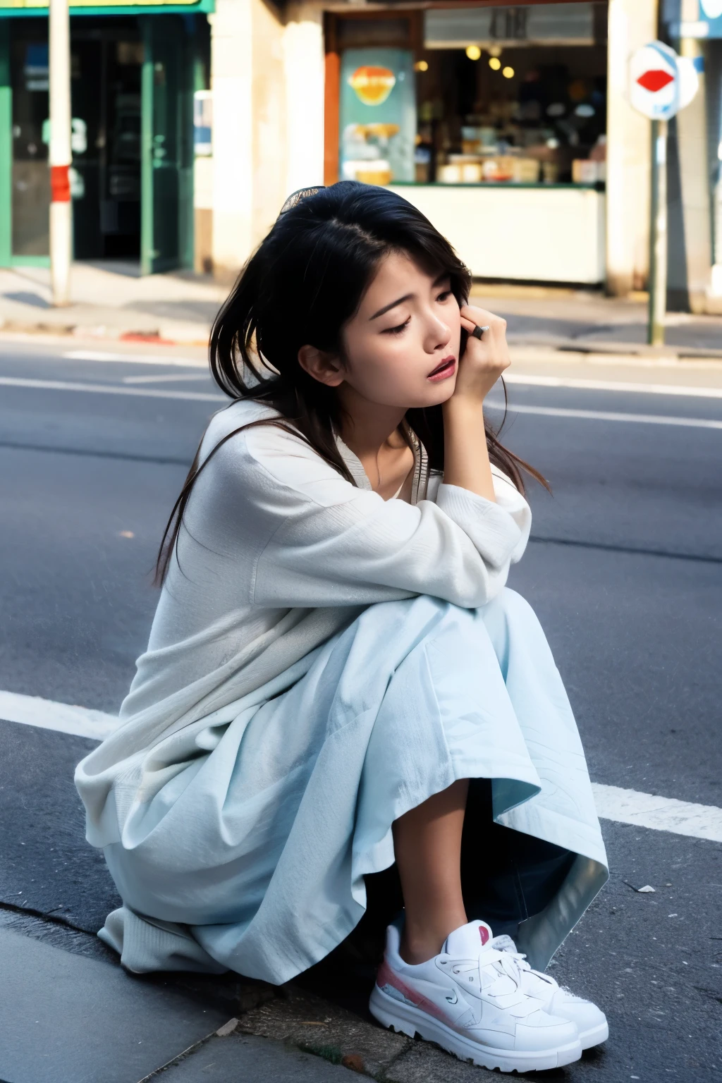 Arafed woman sitting on the curb of a city street - SeaArt AI
