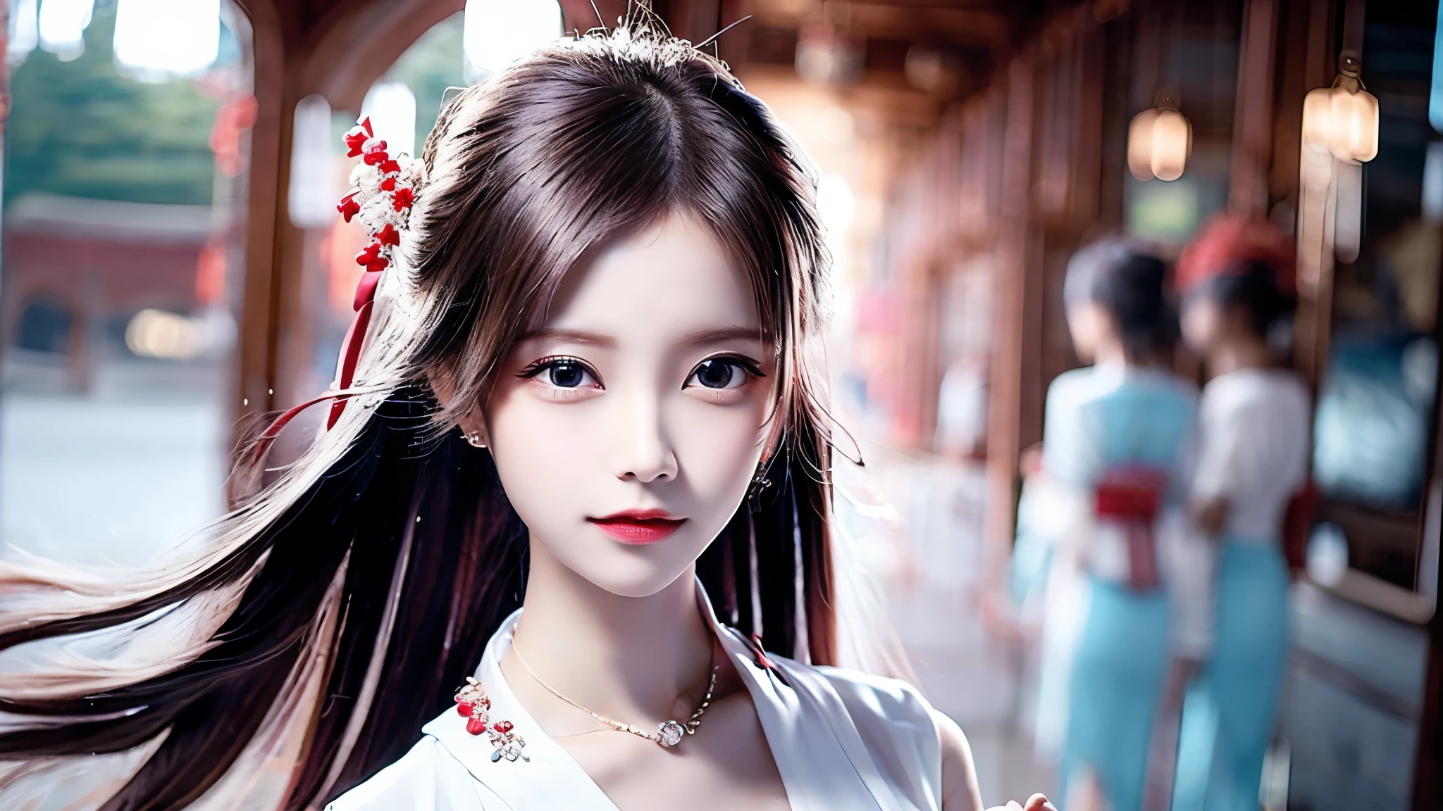 best quality, master, high resolution,1 girl, Chinese dress, super Beautiful face, super beautiful eye, Super beautiful hair Super beautiful face，Super beautiful eyes，Super beautiful hair，long flowing hair，long white hair，Shawl hair，simple hair accessories，Full body female love，Plain white dress，long yarn，nice photos，gentle