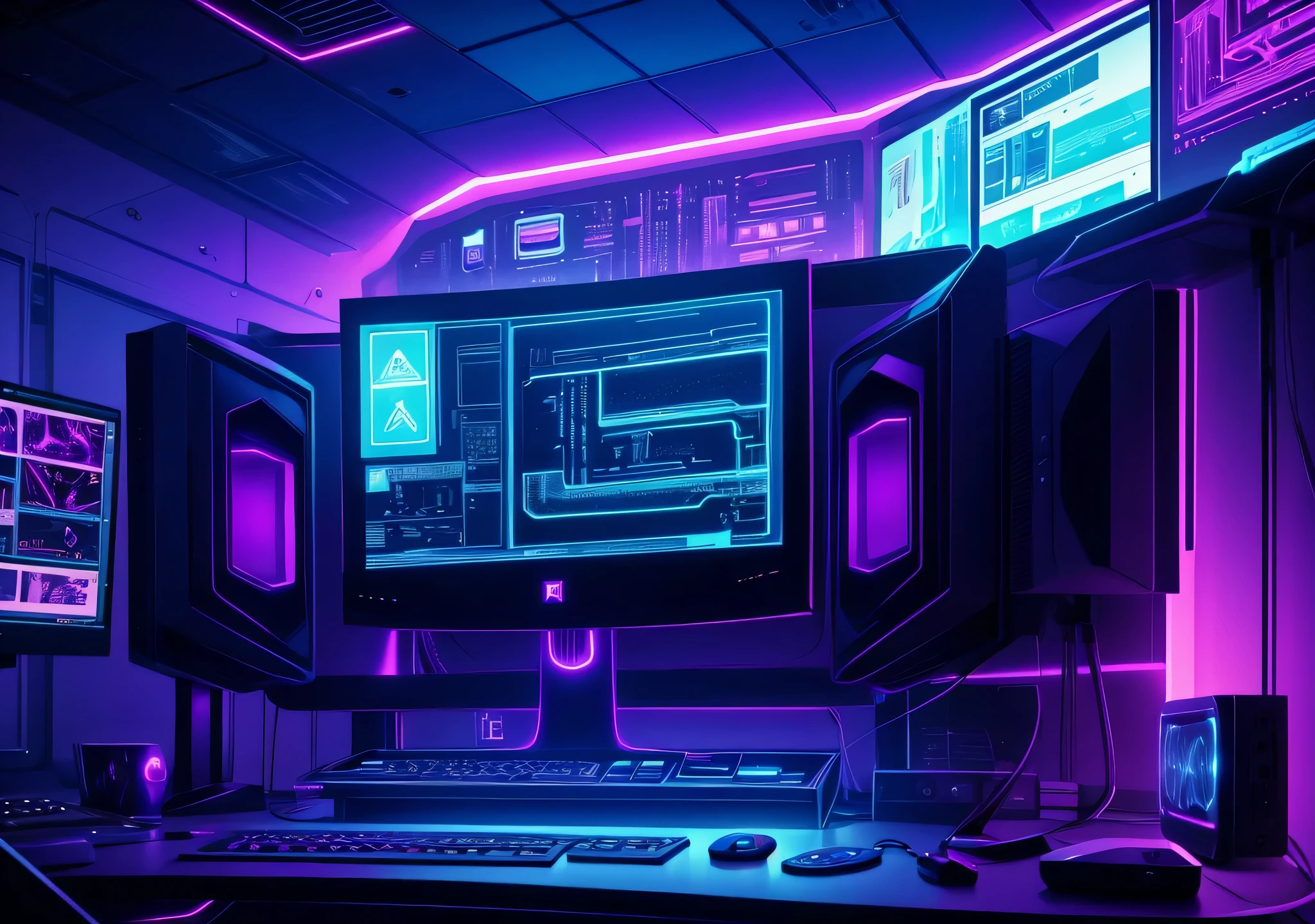 close up of a futuristic looking computer monitor in a room with lots of tech and blue and purple led lighting. the vibe of the room is cyberpunk, cinematic and has tones of ai intelligence