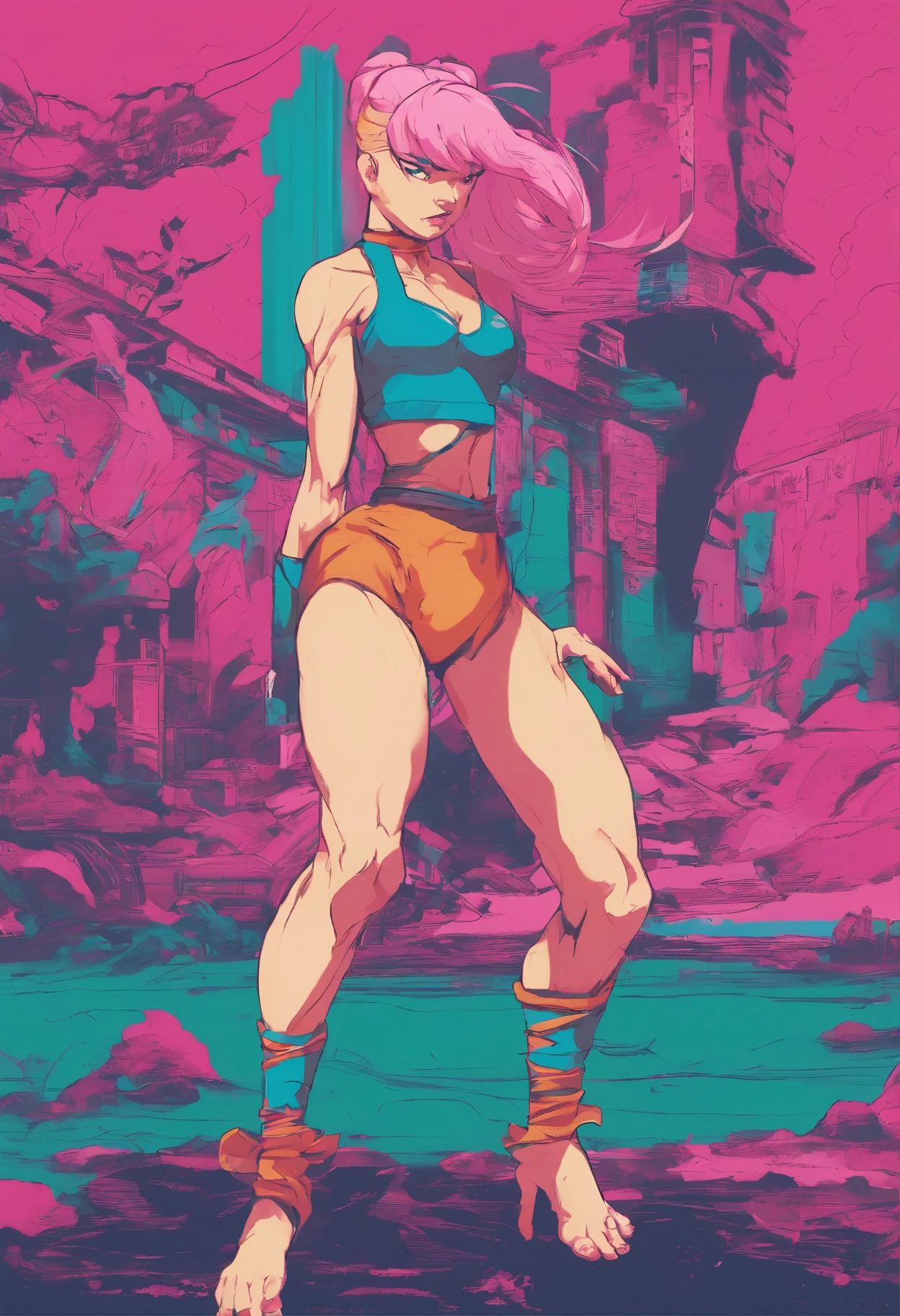 Elastline é uma super-heroína, uma mulher jovem inglesa de pele branca e olhos verdes com delineado, plus long straight pink hair. She wears a blue leotard, com branco, rosa e preto, and this tights expose her arms and legs, as well as her always being barefoot..
