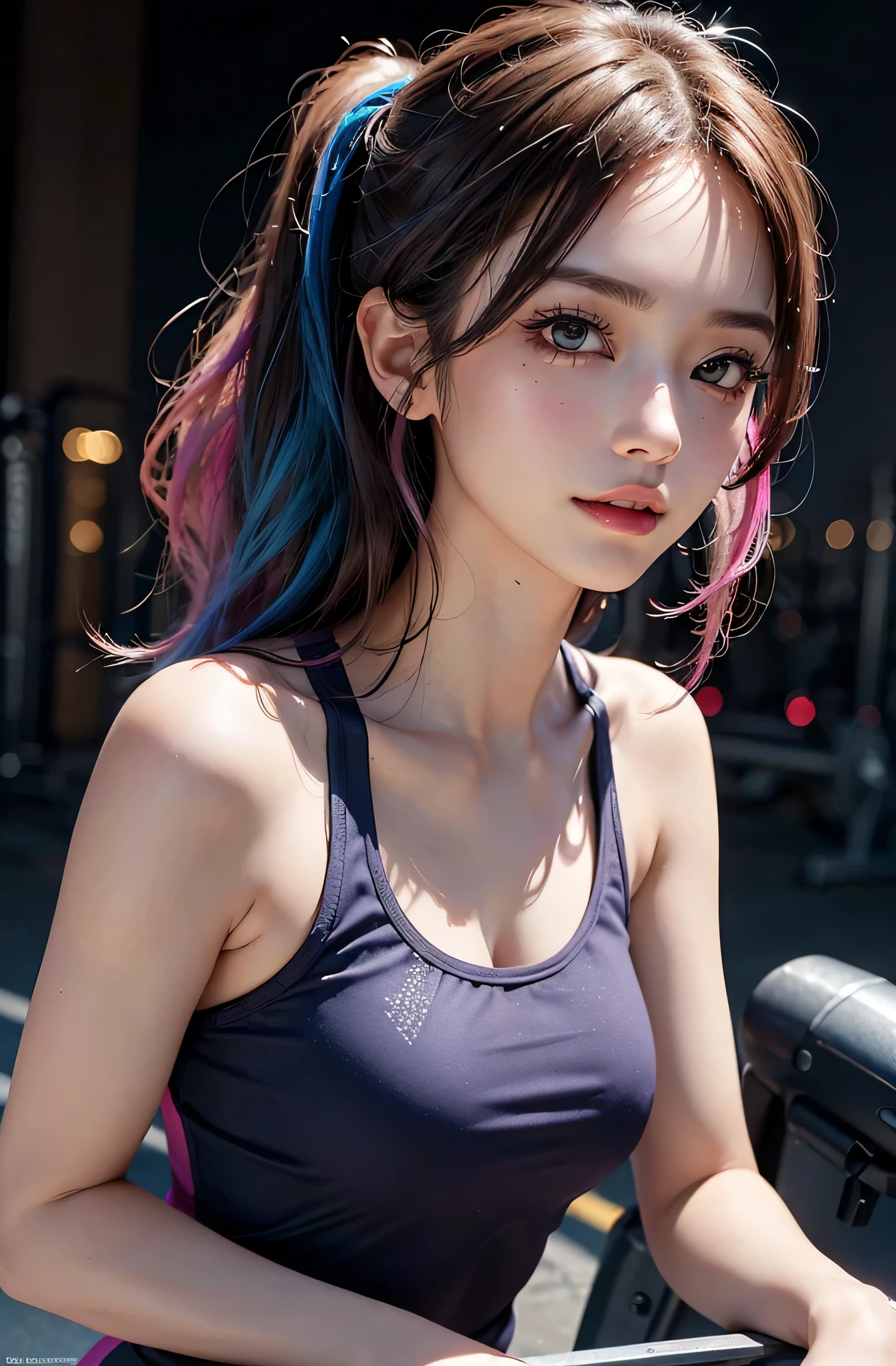 ((huge-breasted)), ((16 years old,)), ((Very small head)), Daylight, Sunlight, Bright light, (Perfect body : 1.1), (fullllbody), (short wavy textured choppy bob styled hair:1.2, dark brown hair, Pink and blue mesh hair, Thin mesh), Full body shot, ((Tight workout wear), (Sweat), (Very detailed CG 8k wallpaper), (extremely delicate and beautiful), (masutepiece), (Best Quality:1.0), (超A high resolution:1.0), (realisitic), beautiful lightning ,Perfect Lightning, Realistic Shadows, [hight resolution], Detailed skin, Ultra-detailed, Slim body), (Beautiful hair, Wavy Hair, Real Hair, detailed hairs, High Ponytail), Fine Collarbone, Beautiful breasts, blush, Photorealistic, Realistic face, Beautiful face, Cute face, Realistic eyes, Small eyes, Cute smile, (((Colorful))), (eye liner), (mascara), (eye shadow), (At the gym), Looking back, bighip, (-faced),