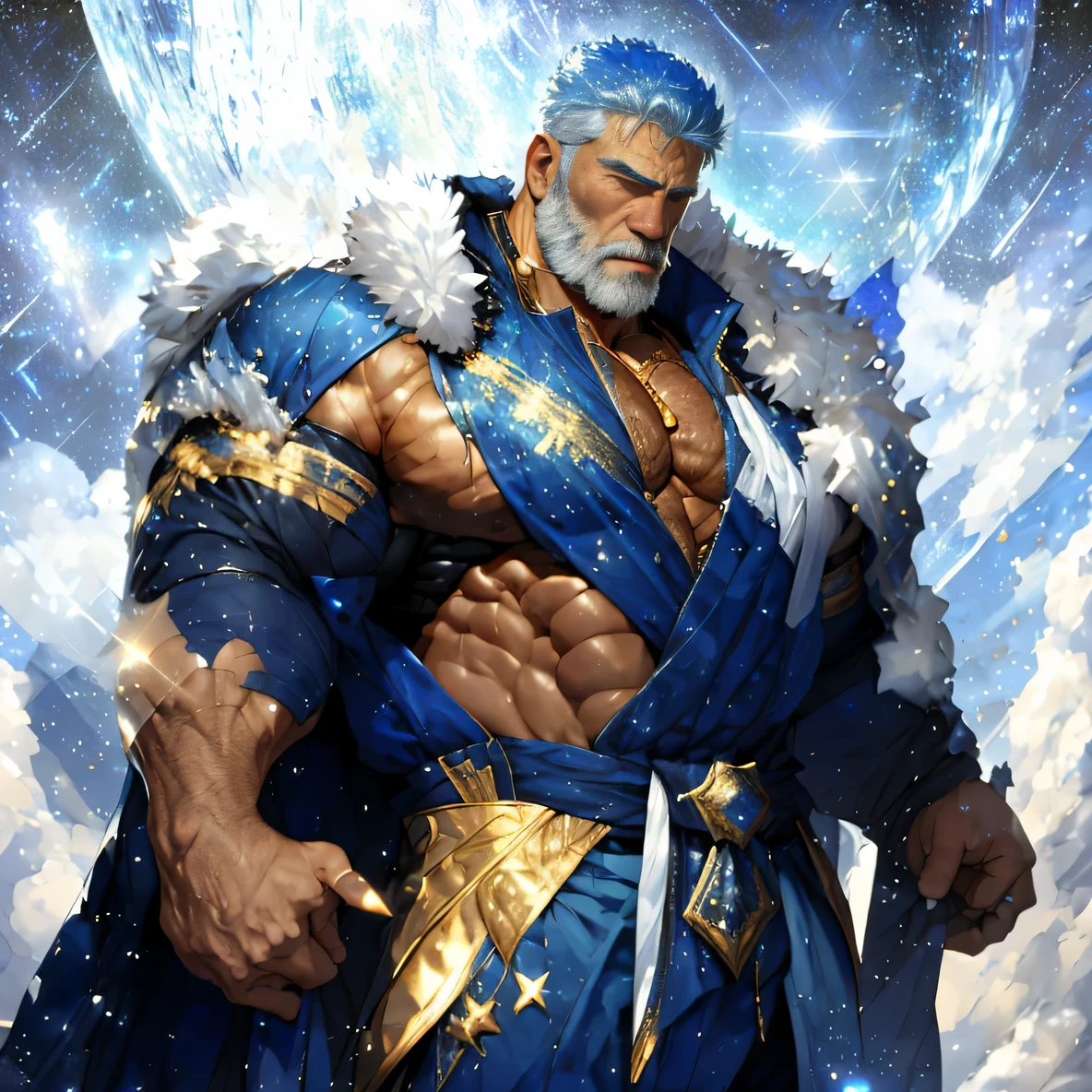 A big one, muscular old man，Fifty-five years old，royal blue tights，gold trim，He exposed his muscular chest，He showed off his great pecs，Energetic，Behind him are the brilliant starry sky and the cold polar regions