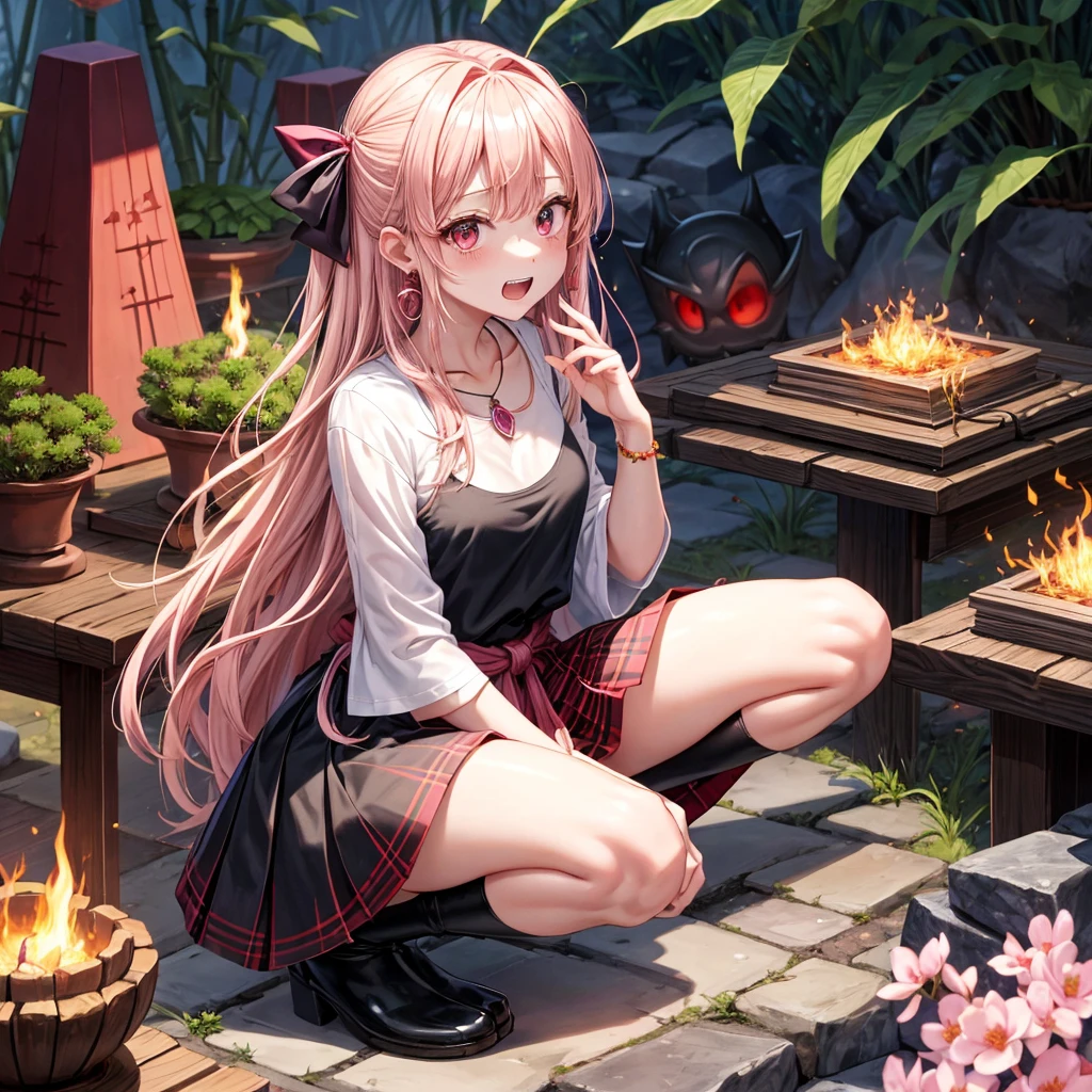 pink blonde、red eyes、one good looking girl、solo、anime、plaid mini skirt、black camisole、black t-shirt、dress、wearing a ribbon、ribbon at waist、cloak、hood、stone slabs are piled up、crystal earrings、jewelry necklace、Light and shadow、walking、clock、universe、vine plant、petal、tilting one&#39;s face、teeth are visible、fire spirit、book of magic、Cube、bamboo forest、lava、Plum blossom、squatting down