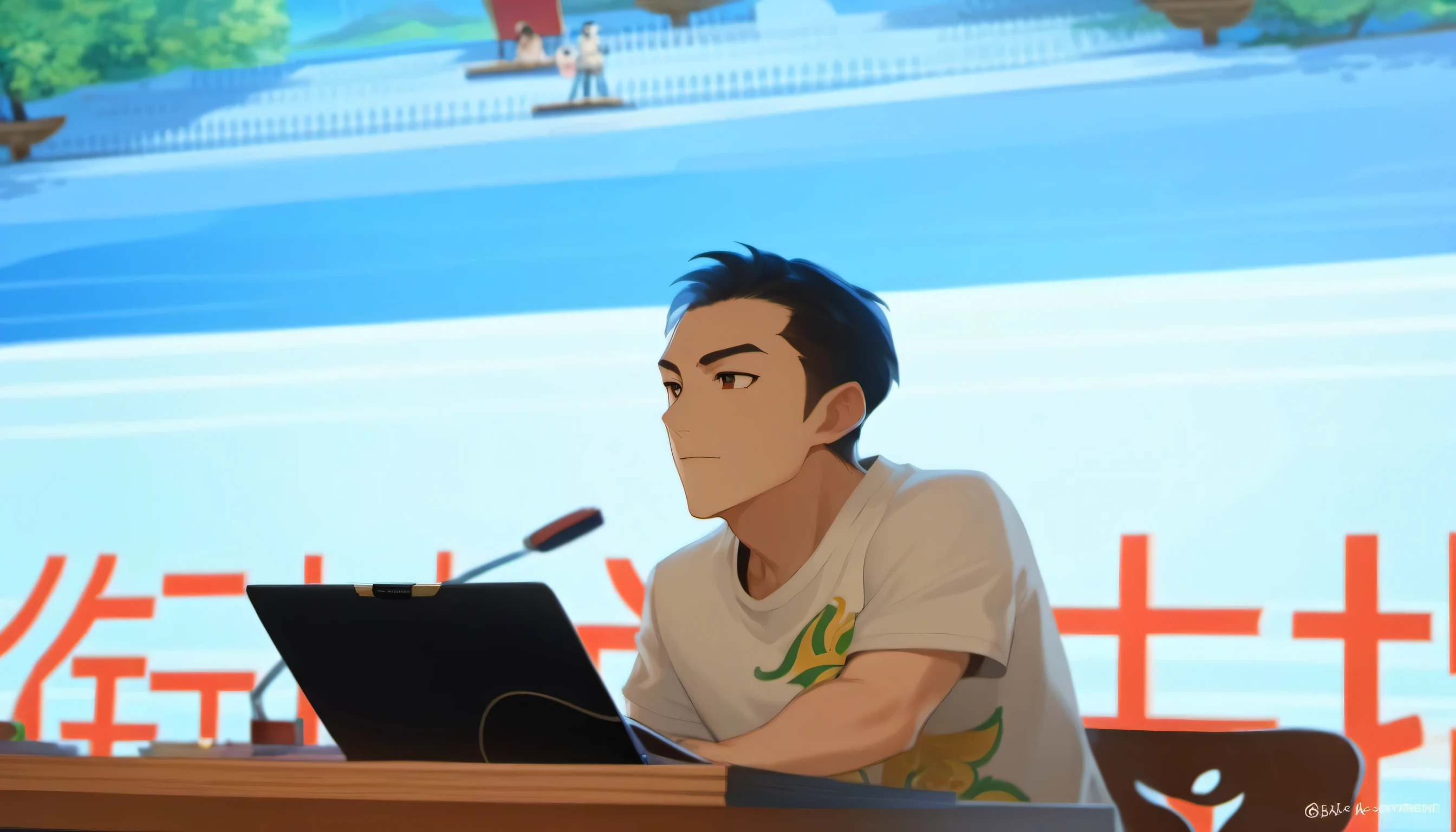There is a man sitting at the table,Holding a laptop in hand, yanjun chengt, xue han, huifeng huang, jinyiwei, mingchen shen, xiaofan zhang, li zixin, Ruan Jian, xintong chen, xiaoguang sun, lu ji, zeng fanzh, pengzhen zhang, yihao ren