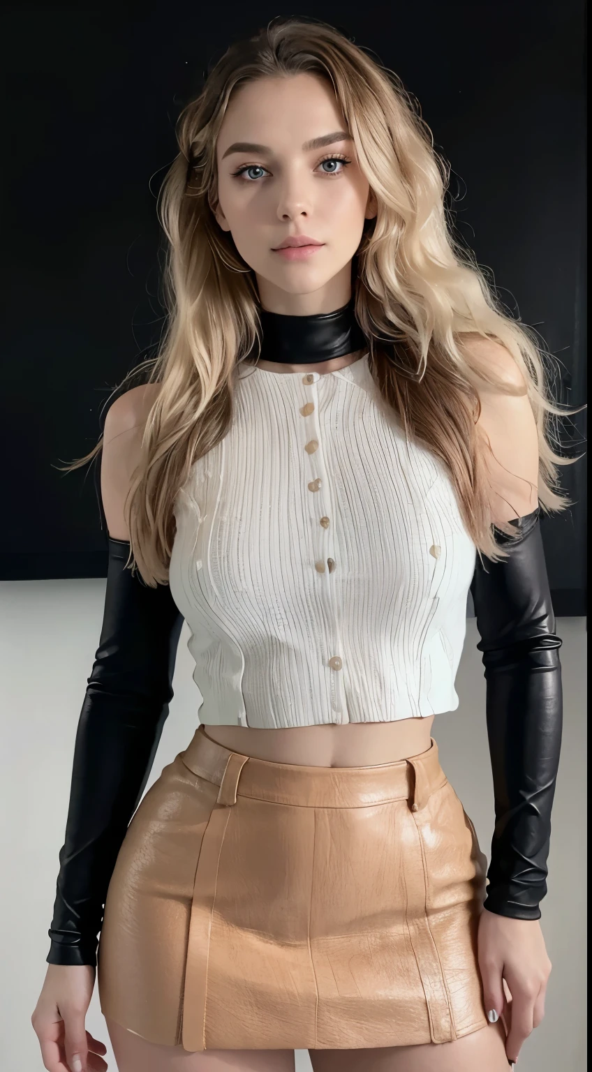 Full body of a 25 year old European woman, blonde hair, serious, (amazing skin detail: 1.4), (Genuine Leather: 1.2), (pores: 0.6), draw up, (detailed eyes: 1.2), Black background, Studio, light border, dark atmosphere, (Boke: 1.2), Photo, cinematic, Photorealistic, ultra-realistic, suitable girl, tight top, skirt, ideal figure