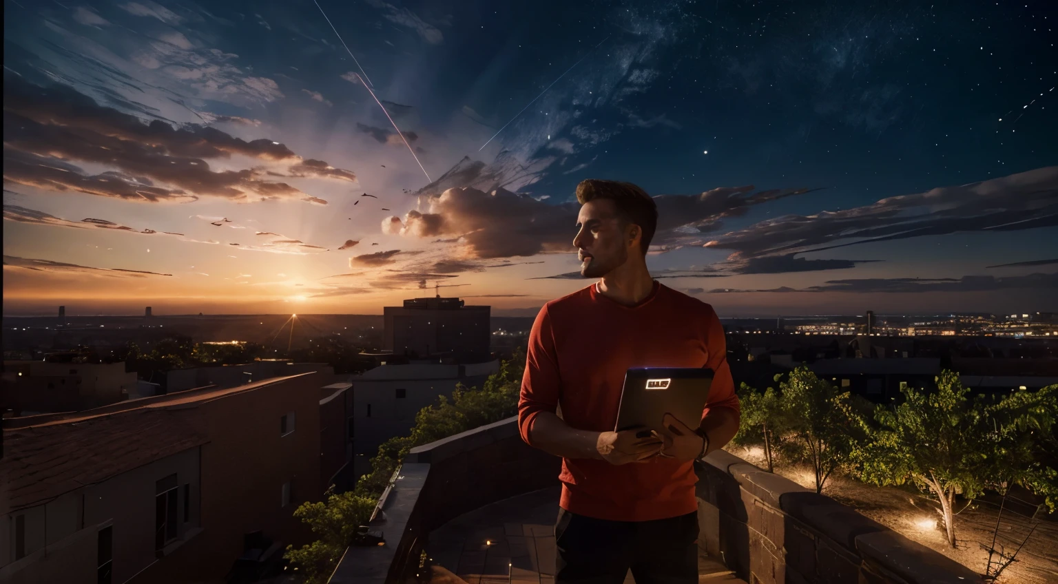 (best quality, highres, realistic:1.37), man with a laptop under his arms, looking at a limitless world, illuminated by a bright red meteor in the sky, portraits, surreal, vibrant colors, soft lighting