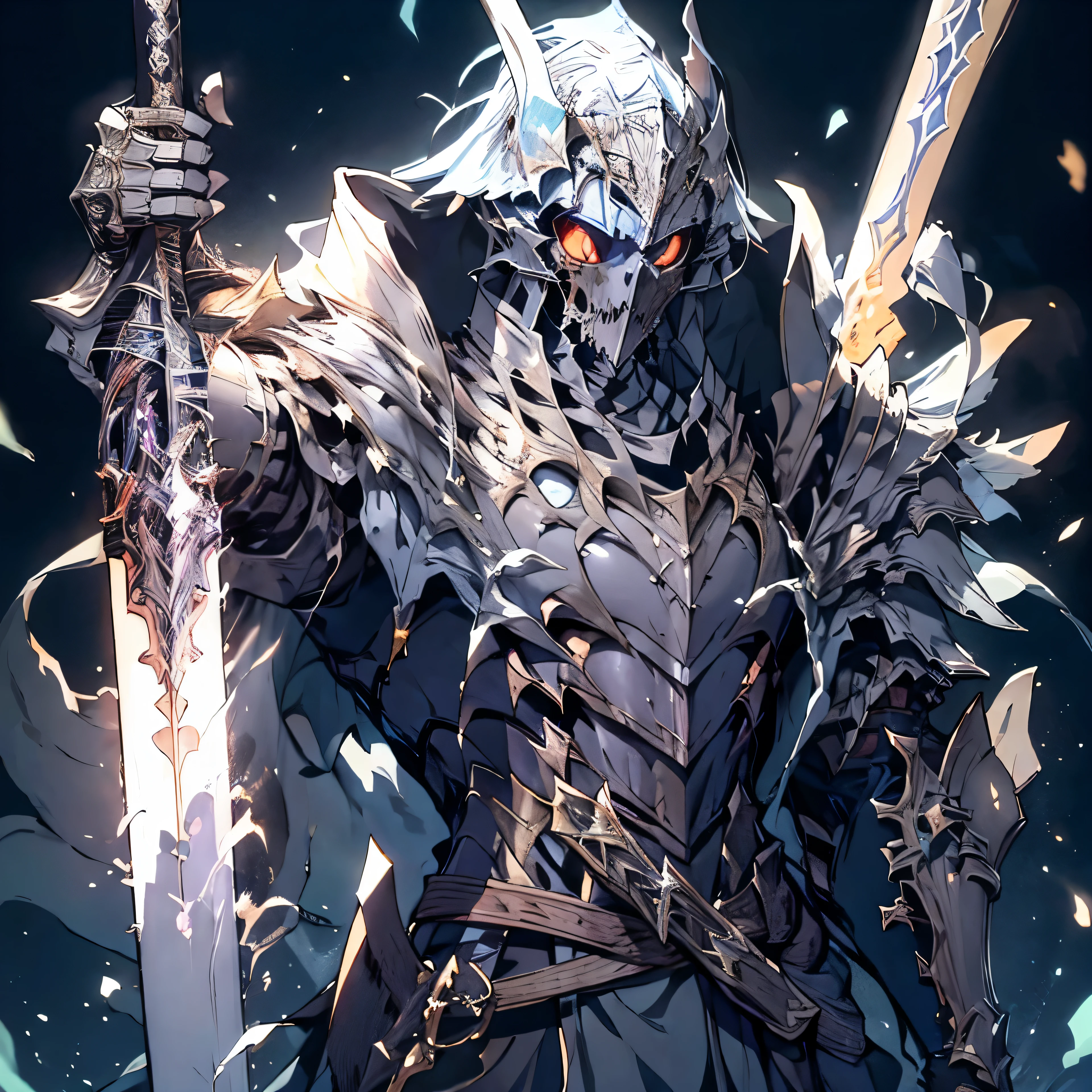 fallen knight,knight, skeleton king, undead knight, dark souls style, epic fantasy weapon art, dark souls concept, 4K, model, masterpiece, best quality:1.3),extremely high detailed, intricate, 8k, HDR, wallpaper, cinematic lighting, (universe),(shooting position), glowing, armor, glowing eyes, large black wings, Male, death presence, light guardian, sword on waist, bloodstained armor, wskull mask, destoryed battlefield setting