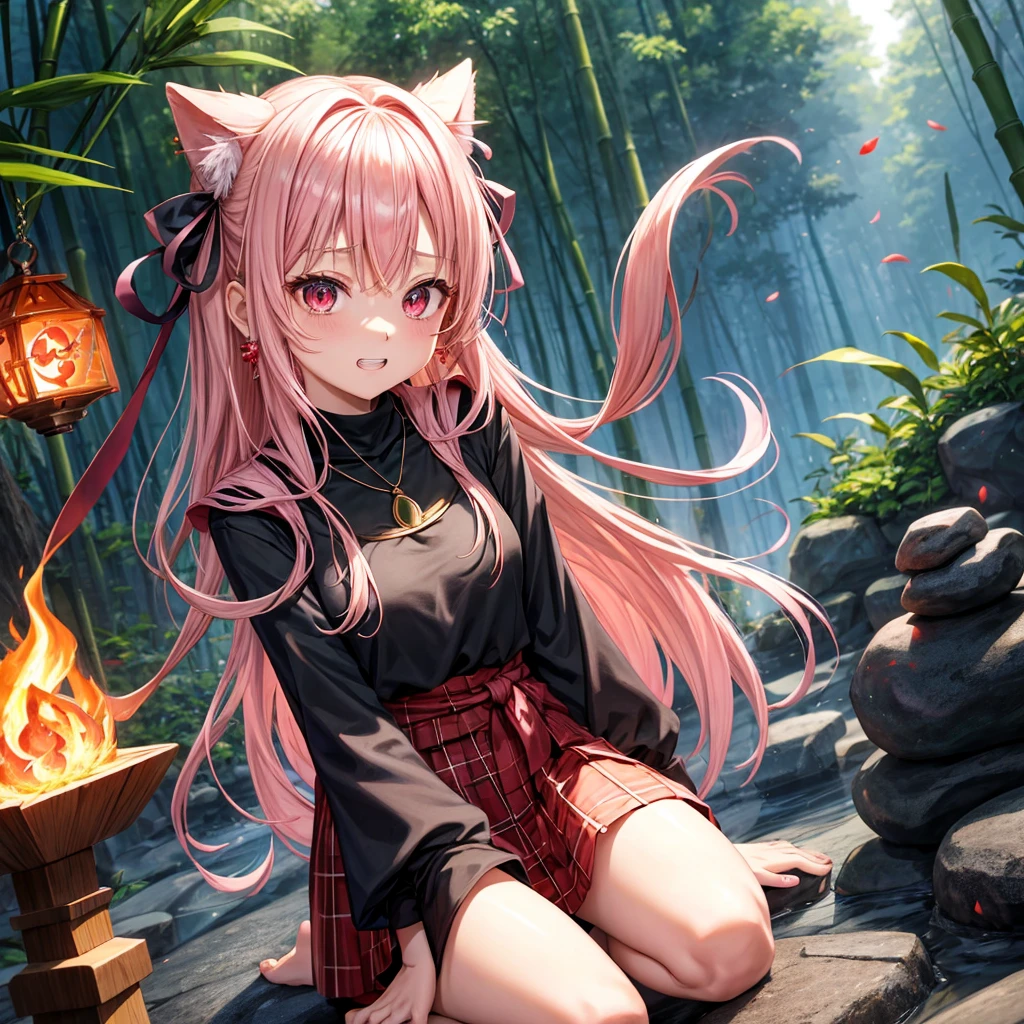pink blonde、red eyes、one good looking girl、solo、anime、plaid mini skirt、black camisole、black t-shirt、dress、wearing a ribbon、ribbon at waist、cloak、hood、stone slabs are piled up、crystal earrings、jewelry necklace、Light and shadow、walking、clock、universe、vine plant、petal、tilting one&#39;s face、teeth are visible、fire spirit、book of magic、Cube、bamboo forest、lava、Plum blossom、squatting down