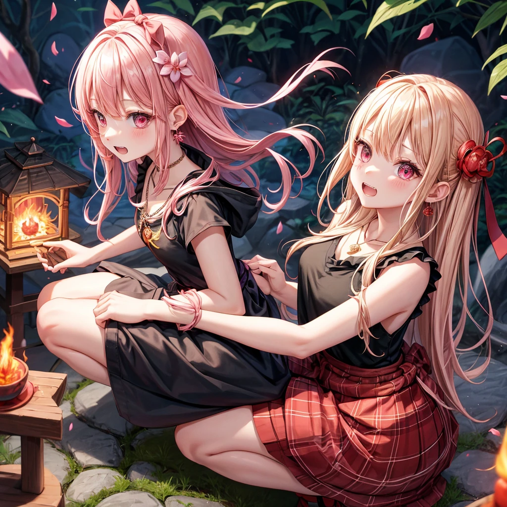 pink blonde、red eyes、one good looking girl、solo、anime、plaid mini skirt、black camisole、black t-shirt、dress、wearing a ribbon、ribbon at waist、cloak、hood、stone slabs are piled up、crystal earrings、jewelry necklace、Light and shadow、walking、clock、universe、vine plant、petal、tilting one&#39;s face、teeth are visible、fire spirit、book of magic、Cube、bamboo forest、lava、Plum blossom、squatting down