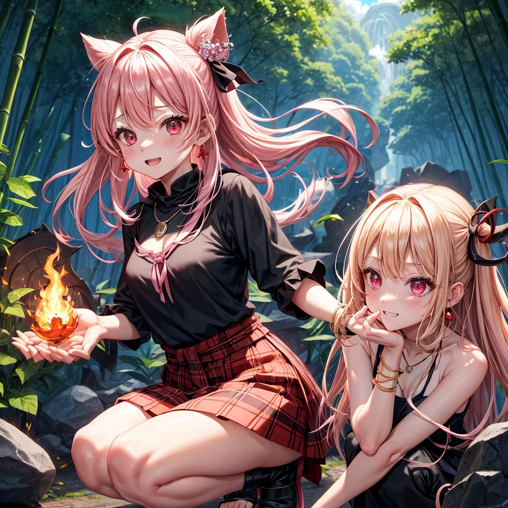 pink blonde、red eyes、one good looking girl、solo、anime、plaid mini skirt、black camisole、black t-shirt、dress、wearing a ribbon、ribbon at waist、cloak、hood、stone slabs are piled up、crystal earrings、jewelry necklace、Light and shadow、walking、clock、universe、vine plant、petal、tilting one&#39;s face、teeth are visible、fire spirit、book of magic、Cube、bamboo forest、lava、Plum blossom、squatting down