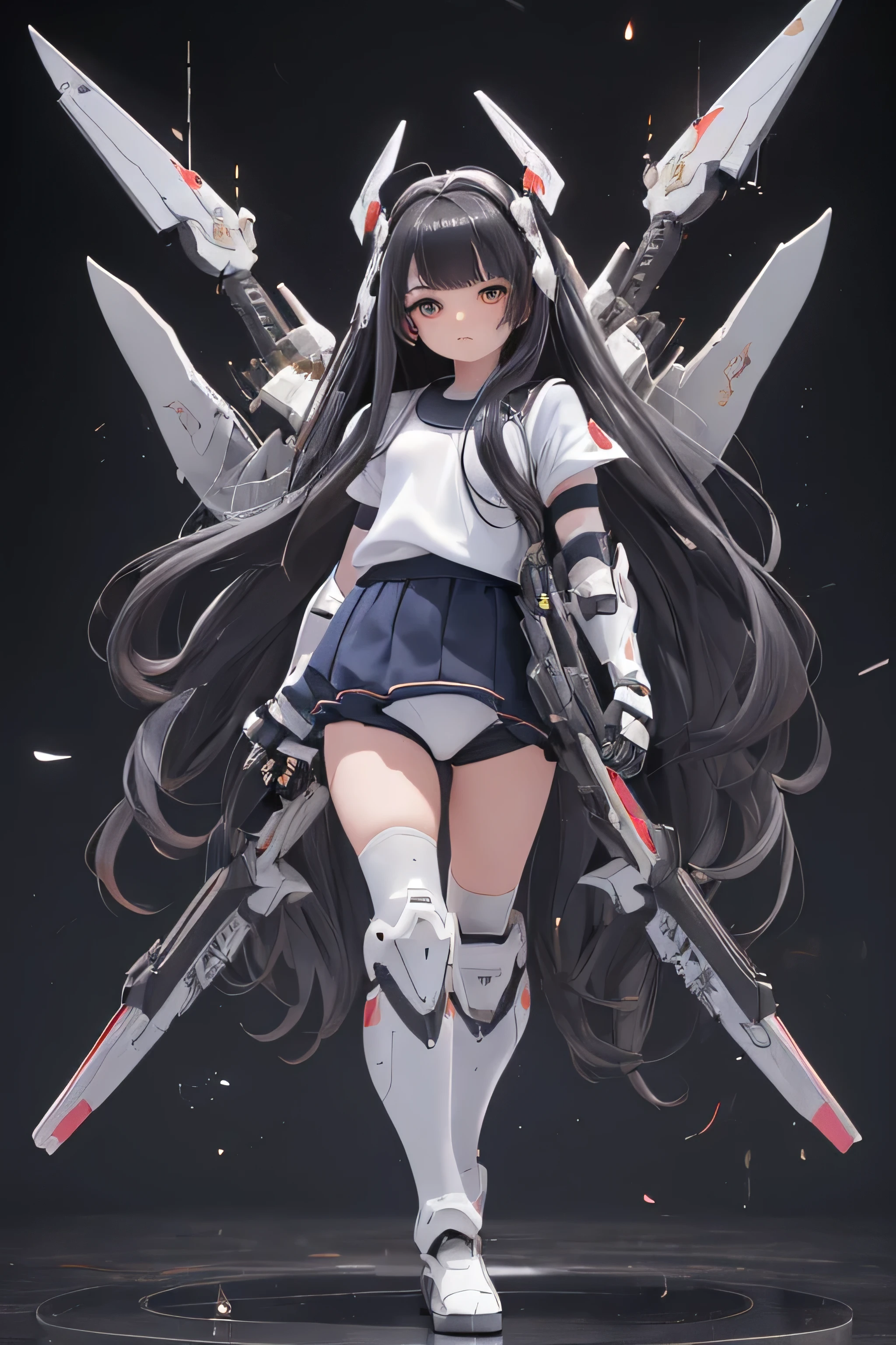 (highest quality)), ((masterpiece)), (very detailed: 1.3), 3D, {(one  girl)}, (Wearing dark blue bloomers and white gym clothes、Add a colored hem to the bottom of the armor:1.3), (black hair:1.5), (Fusion with future Gundam mecha:1.2), with headgear, With V fins , armored shoulder,Equipped with armor under the armpits, Armor is attached under the legs, short sleeve, Two huge weapons are attached to its back.., Leg-mounted weapon module, Perfect proportions with multi-layered texture, octane rendering, Duotone lighting, Low ISO, wide aperture, White balance, Rule of thirds, Ultra HD16K, HDR (high dynamic range), ray tracing, NVIDIA RTX, super resolution, scattered below the surface, PBR texturing, Post-processing, anisotropic filtering, written boundary depth, maximum clarity and clarity, High efficiency subpixel, subpixel convolution, particles of light, scattered light, Tyndall effect, full body:1.5, battle pose, cute, (cute:1.2), (long hair:1.3),thick eyebrows, bright colored iris, big, shining black eyes, long eyelashes, small, pale natural lips, (Average Japanese idol face), (日本人特有のbaby face:1.3), (baby de forehead:1.2, plump cheeks, small chin, in the hangar,looking at the viewer,focus on the eyes , (perfect four fingers, 1 thumb),