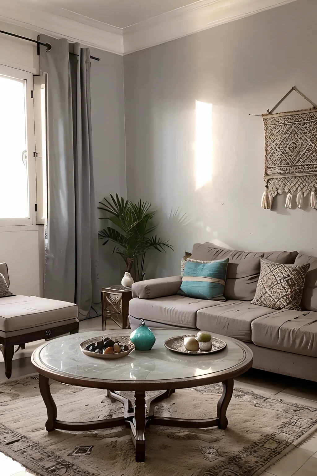 a typically Moroccan living room background makes it a bit modern the color should be mixed between gray and l'l'silver keeps the Moroccan touch and adds a Ramdan touch also on the table also a table with the word Morocco on the back