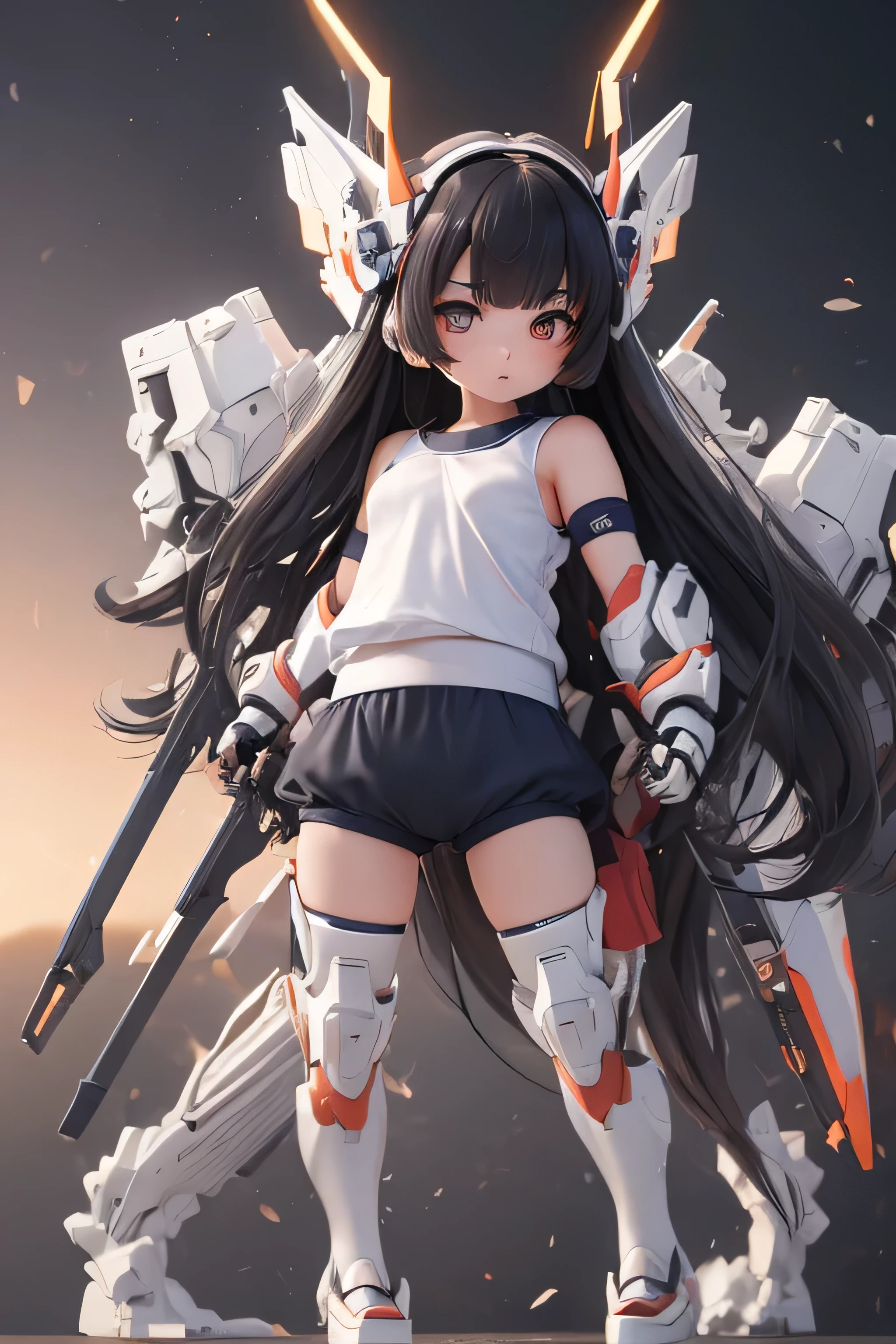 (highest quality)), ((masterpiece)), (very detailed: 1.3), 3D, {(one young girl)}, (Wearing dark blue bloomers and white gym clothes、Add a colored hem to the bottom of the armor:1.3), (black hair:1.5), (Fusion with future Gundam mecha:1.2), with headgear, With V fins , armored shoulder,Equipped with armor under the armpits, Armor is attached under the legs, short sleeve, Two huge weapons are attached to its back.., Leg-mounted weapon module, Perfect proportions with multi-layered texture, octane rendering, Duotone lighting, Low ISO, wide aperture, White balance, Rule of thirds, Ultra HD16K, HDR (high dynamic range), ray tracing, NVIDIA RTX, super resolution, scattered below the surface, PBR texturing, Post-processing, anisotropic filtering, written boundary depth, maximum clarity and clarity, High efficiency subpixel, subpixel convolution, particles of light, scattered light, Tyndall effect, full body:1.5, battle pose, cute, (cute:1.2), (long hair:1.3),thick eyebrows, bright colored iris, big, shining black eyes, long eyelashes, small, pale natural lips, (Average Japanese idol face), (日本人特有のbaby face:1.3), (baby face), wide forehead:1.2, plump cheeks, small chin, in the hangar,looking at the viewer,focus on the eyes , (perfect four fingers, 1 thumb),