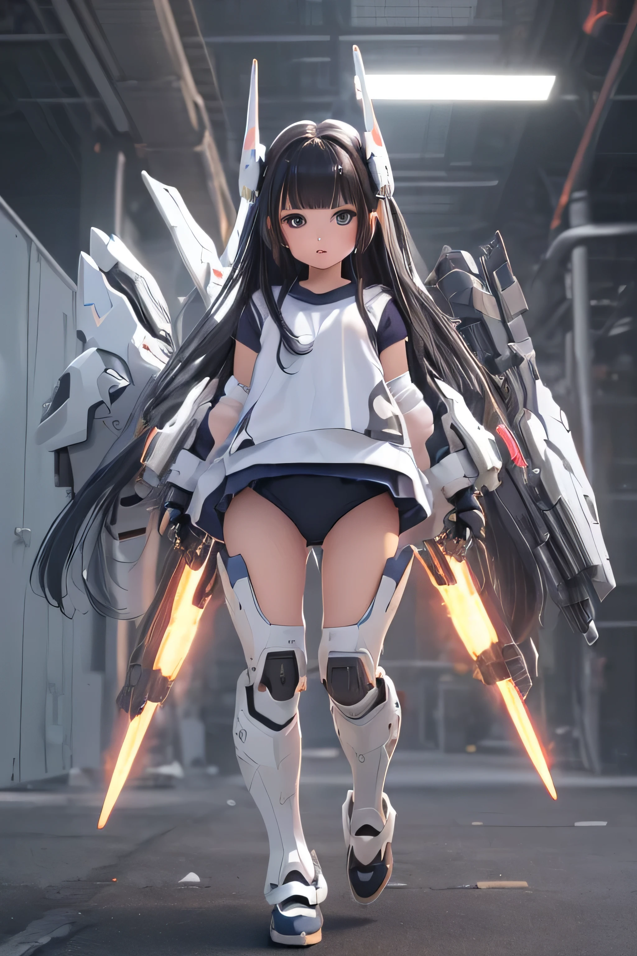 (highest quality)), ((masterpiece)), (very detailed: 1.3), 3D, {(one young girl)}, (Wearing dark blue bloomers and white gym clothes、Add a colored hem to the bottom of the armor:1.3), (black hair:1.5), (Fusion with future Gundam mecha:1.2), with headgear, With V fins , armored shoulder,Equipped with armor under the armpits, Armor is attached under the legs, short sleeve, Two huge weapons are attached to its back.., Leg-mounted weapon module, Perfect proportions with multi-layered texture, octane rendering, Duotone lighting, Low ISO, wide aperture, White balance, Rule of thirds, Ultra HD16K, HDR (high dynamic range), ray tracing, NVIDIA RTX, super resolution, scattered below the surface, PBR texturing, Post-processing, anisotropic filtering, written boundary depth, maximum clarity and clarity, High efficiency subpixel, subpixel convolution, particles of light, scattered light, Tyndall effect, full body:1.5, battle pose, cute, (cute:1.2), (long hair:1.3),thick eyebrows, bright colored iris, big, shining black eyes, long eyelashes, small, pale natural lips, (Average Japanese idol face), (日本人特有のbaby face:1.3), (baby face), wide forehead:1.2, plump cheeks, small chin, in the hangar,looking at the viewer,focus on the eyes , (perfect four fingers, 1 thumb),