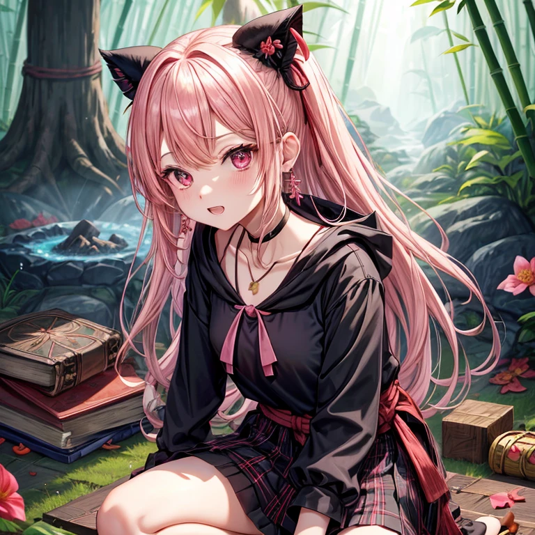 pink blonde、red eyes、one good looking girl、solo、anime、plaid mini skirt、black camisole、black t-shirt、dress、wearing a ribbon、ribbon at waist、cloak、hood、stone slabs are piled up、crystal earrings、jewelry necklace、Light and shadow、walking、clock、universe、vine plant、petal、tilting one&#39;s face、teeth are visible、fire spirit、book of magic、Cube、bamboo forest、lava、Plum blossom、squatting down