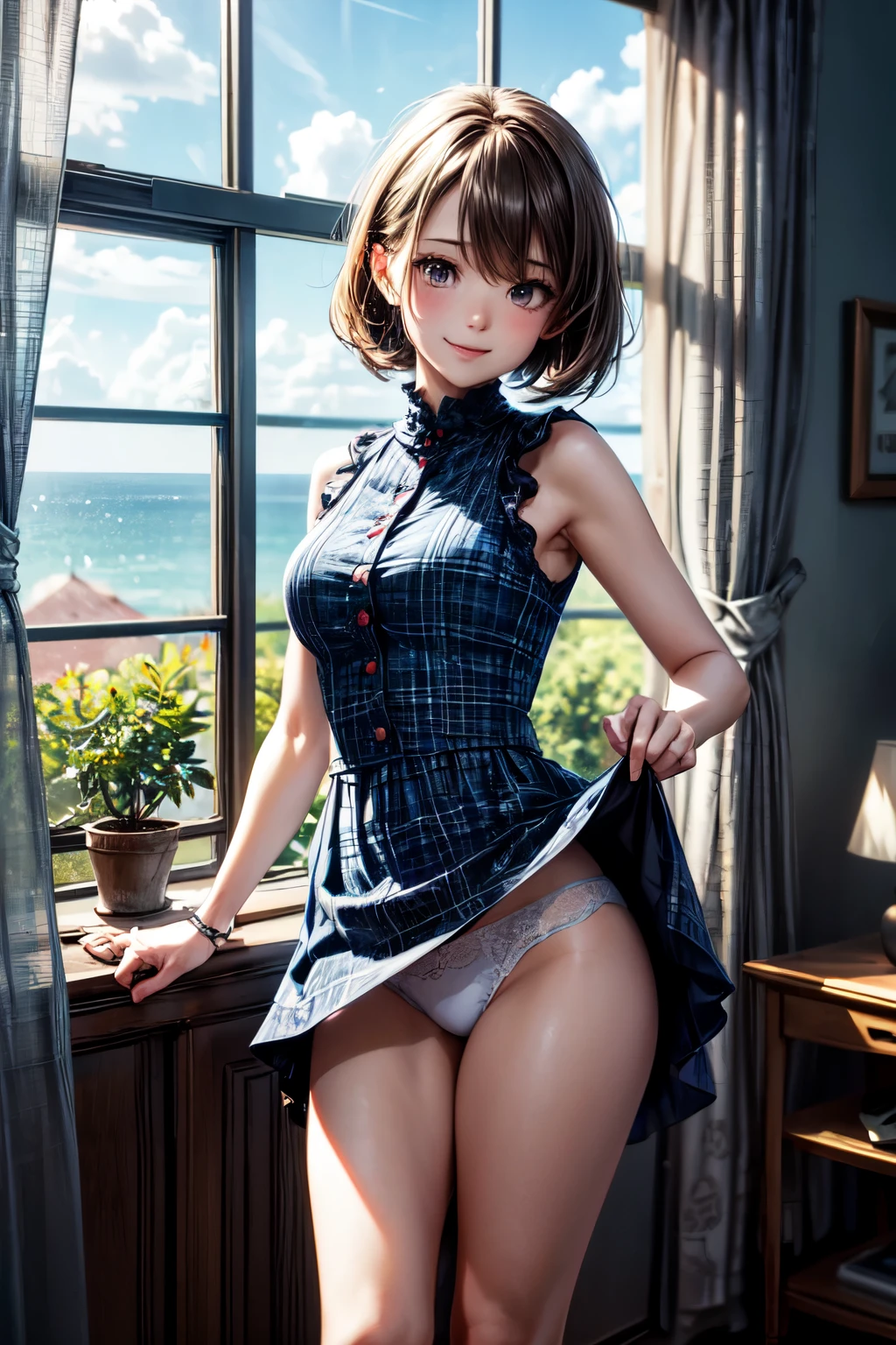 very cute and beautiful girl standing near window,(blue plaid summer dress with detailed frills),sleeveless,detailed lace,(skirt lift,white panties), (highly detailed beautiful face),antique hotel bedroom with outside view,distant trees and ocean, cowboy shot,(smile:1.2),blush,looking at viewer,medium hair,black hair, (best quality,masterpiece:1.2),absurdres,highres,ultra-detailed,extremely detailed,32k,8k resolution, intricate details,cinematic scene,detailed background,solo,dynamic angle, natural lighting,light particles,beautiful detailed sky,