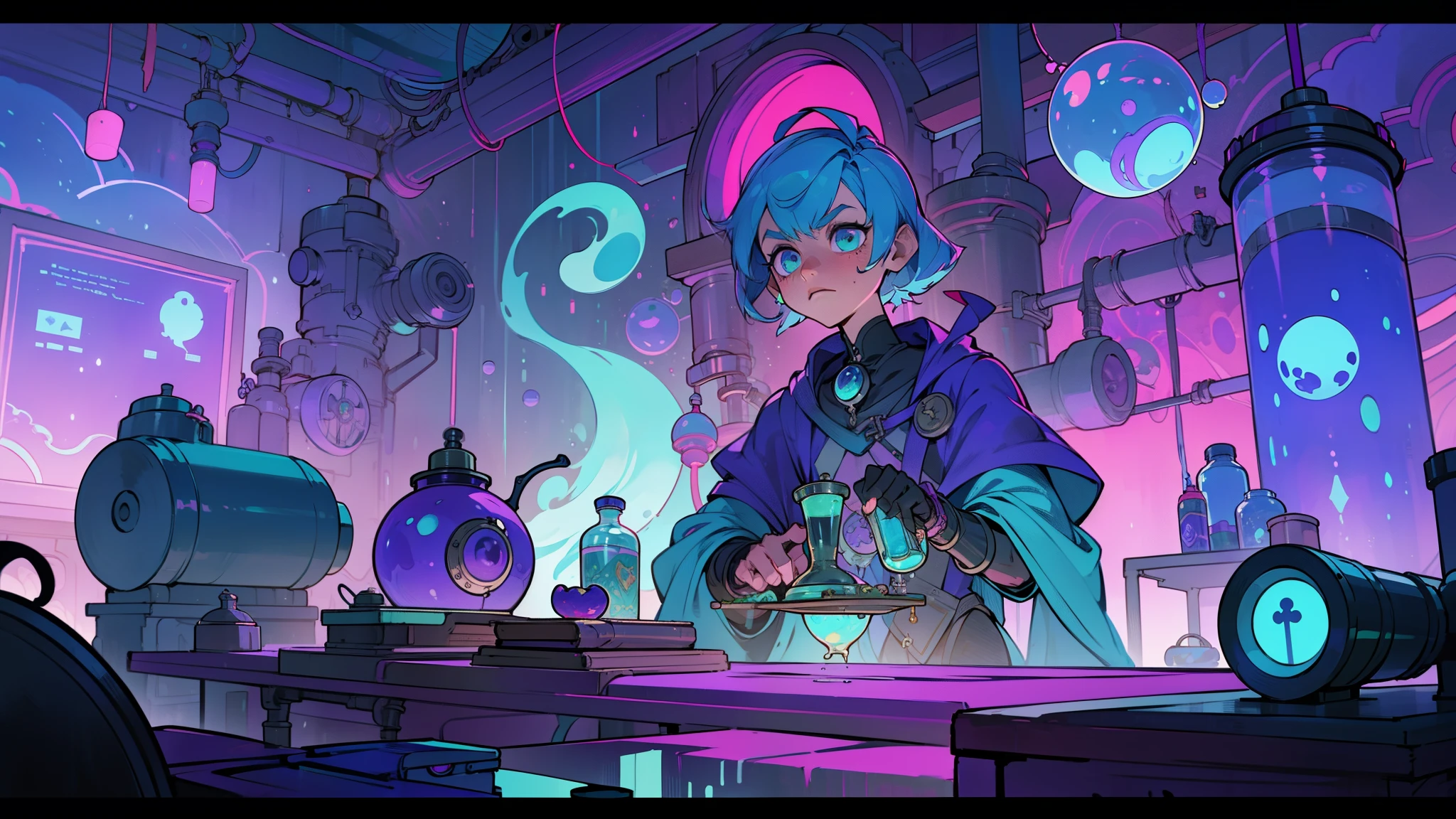 no people, no charater, empty place, high resolution, 4k, cinematic, alchemist laboratory in a cartoon setting, filled with the magic of science and the mystique of the unknown. The room is bathed in a very neon shine, casting long, intriguing shadows on the walls. Neon lavender purple and turquoise liquids bubble and froth in vidraria, and the air is filled with the hiss of steam escaping from various pipes and machines. The alchemist's table is strewn with strange instruments, metalic components, and rebites - the remnants of countless experiments. The air is thick with bubbles the scent of chemicals and the hum of gears turning. There is an otherworldly quality to the place