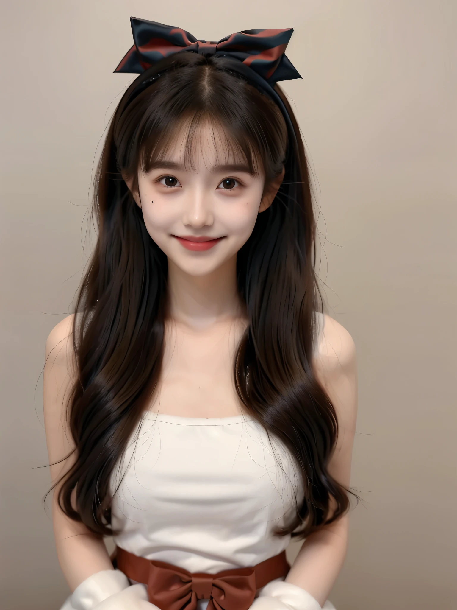 1girl, solo, stuffed toy, stuffed animal, long hair, bow, looking at viewer, hair bow, smile, black hair, ribbon, brown hair, upper body, teddy bear, bangs, mole,14 y.o.