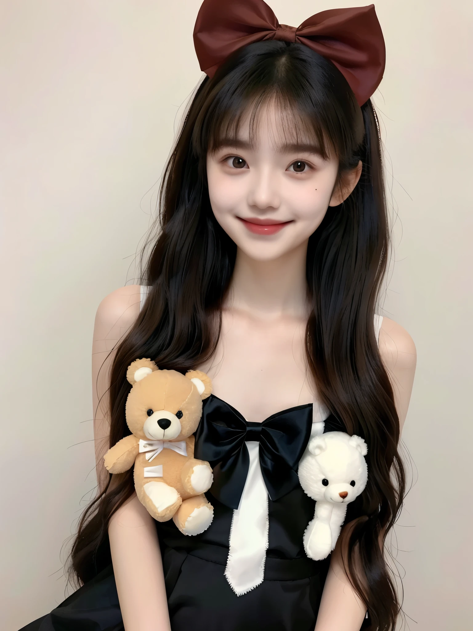 1girl, solo, stuffed toy, stuffed animal, long hair, bow, looking at viewer, hair bow, smile, black hair, ribbon, brown hair, upper body, teddy bear, bangs, mole,14 y.o.