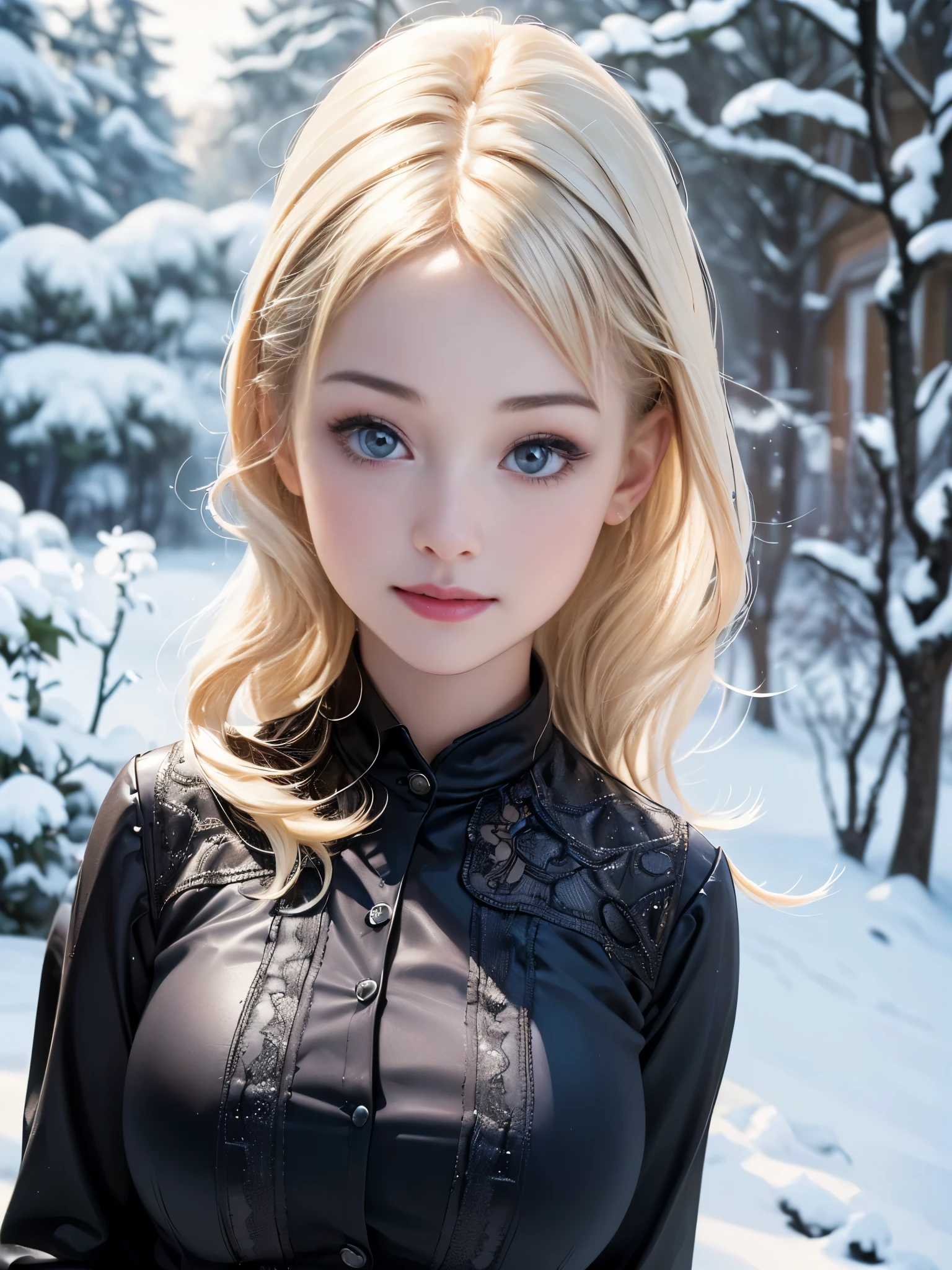 (highest quality, 8k, High resolution, realistic:2.0), (((alone, one girl:2.0))),(lit: front),(lit: strong),(ultimate beautiful girl:2.0),(shiny skin),(oily skin),(platinum blonde hair:1.3),(straight long hair:2.0),blush brown makeup , dark eye makeup , use pink glossy lipstick,(girl with big beady eyes:1.5),((round face, smile, big breasts,big ass))、flushed complexion、((upper body portrait)) 、((snowy winter outdoors))、(anatomically correct)、(perfect body proportions)、 ((perfect hands))、 (((perfect fingers)))、(oily skin:1.5)、