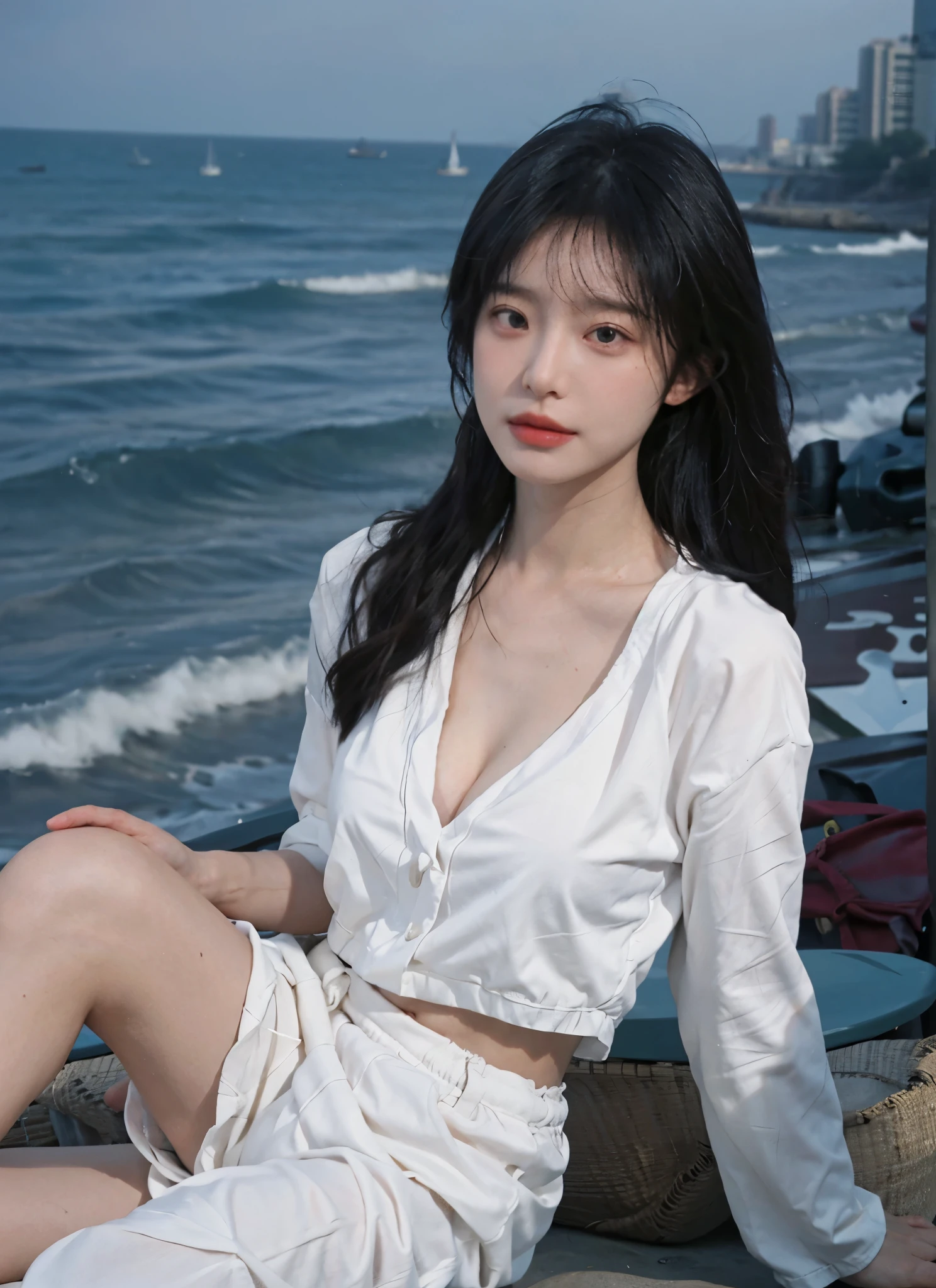 Araffe asian woman sitting on the beach in a white dress - SeaArt AI