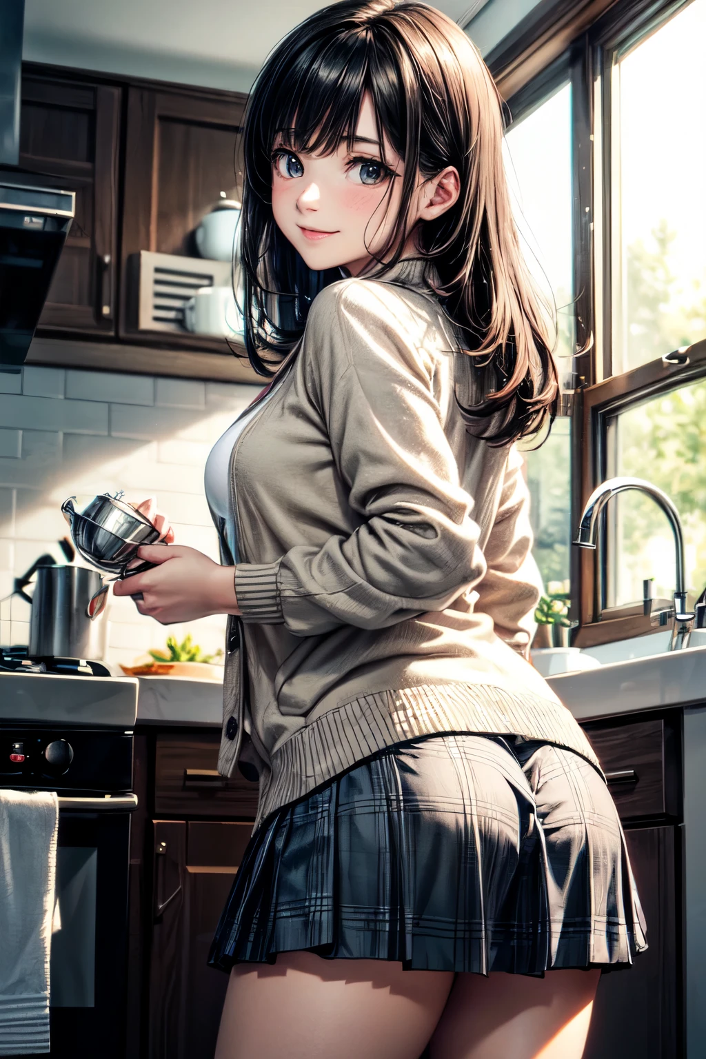 very cute and beautiful girl standing in kitchen,(highly detailed beautiful face),white blouse,(laugh),cowboy shot,(beige cardigan:1.2) BREAK (looking back,from behind),leaning forward,looking at viewer, (pleated plaid mini skirt:1.2),from below,white panties, black hair,kitchen pot,white tea cups and dishes,seasoning bottles, (best quality,masterpiece:1.2),absurdres,highres,ultra-detailed,extremely detailed,32k,8k resolution, intricate details,cinematic scene,detailed background,solo,dynamic angle,perfect hands,