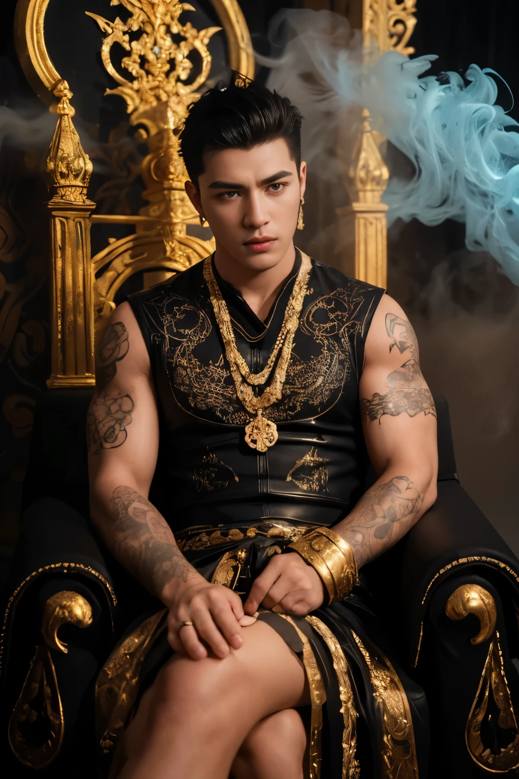 (best quality,4k,8k,highres,masterpiece:1.2),ultra-detailed,(realistic,photorealistic,photo-realistic:1.37),young man with black hair,(shaved temples:1.1),(golden eyes:1.1),sits on a detailed throne, fantasy clothing,dark atmosphere,dramatic lighting,dense fog,ornate decorations,ancient symbols,mystical aura,ominous shadows,spiky leather armor,tattoos on arms,crown with intricate carvings,elaborate patterns,sharp edges,tattered banners and flags,stone pillars with engravings,gold accents and jewelry,eyes glowing with magic,smoke rising from beneath the throne,glowing runes,heart-shaped jewry pendant hanging from neck naked, super big dick , open legs