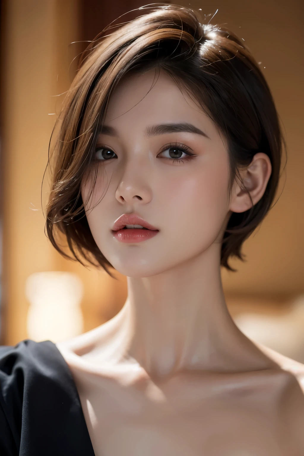 ((best quality,highest resolution,unified 8k,masterpiece:1.4))a girl,Elegant short hair with windblown hair,medium ,rosy lips,white shiny skin,Upper body
