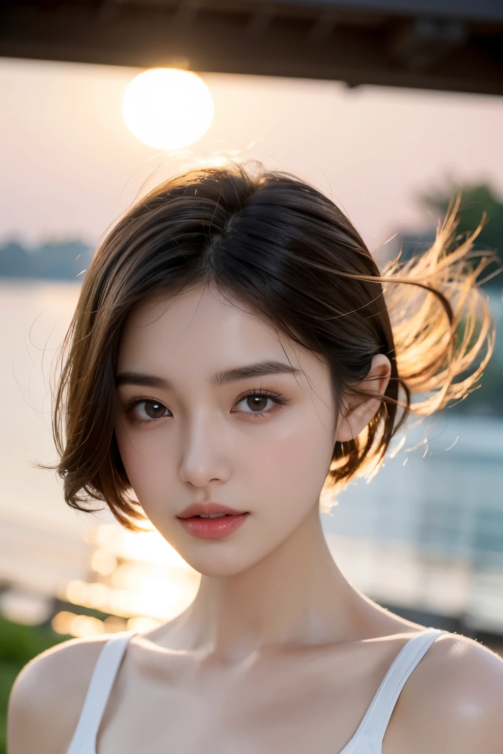 ((best quality,highest resolution,unified 8k,masterpiece:1.4))a girl,Elegant short hair with windblown hair,medium ,rosy lips,white shiny skin,Upper body