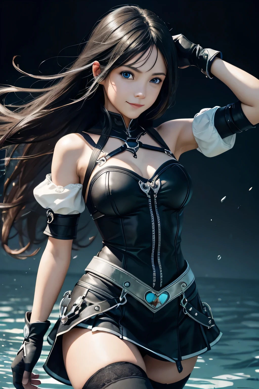 aaaqua, 1 garota, absurdos, fechar-se, obra de arte, olhos azuis, cabelo preto, cabelo longo, seios, Chest strap, elbow luvas, luvas, high resolution, (saia), (kingdom hearts), olhando para o espectador, transparent water floor, Sorriso, Sozinho, clear sky, Campo aberto, Campo vazio, mangas largas, medium seios, mangas destacadas, shorts pretos , fingerless luvas, fundo claro, (coxas), retrato