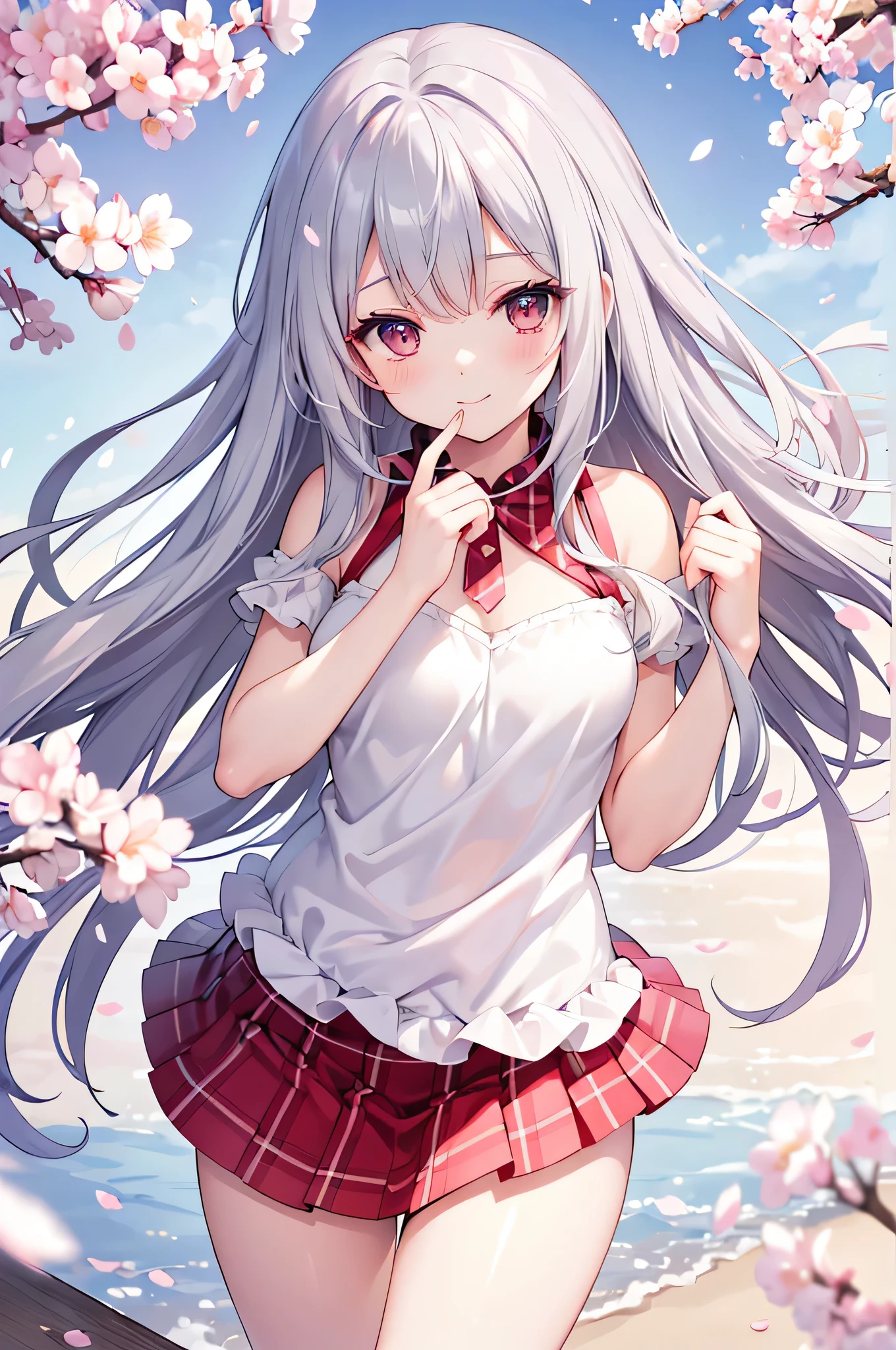 High resolution high quality gray hair length hair cheeks are red smile Show from head to thigh small breasts small ass thin legs Near the cherry blossoms Cherry blossom petals are dancing blue sky grassland length plaid skirt Angle from above