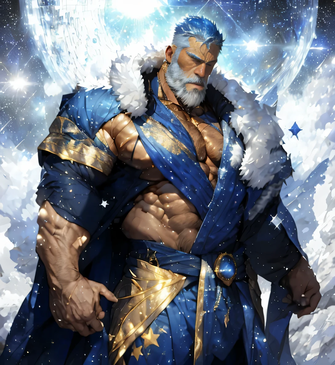 A big one, muscular old man，Fifty-five years old，royal blue tights，gold trim，He exposed his muscular chest，He showed off his great pecs，Energetic，Behind him are the brilliant starry sky and the cold polar regions